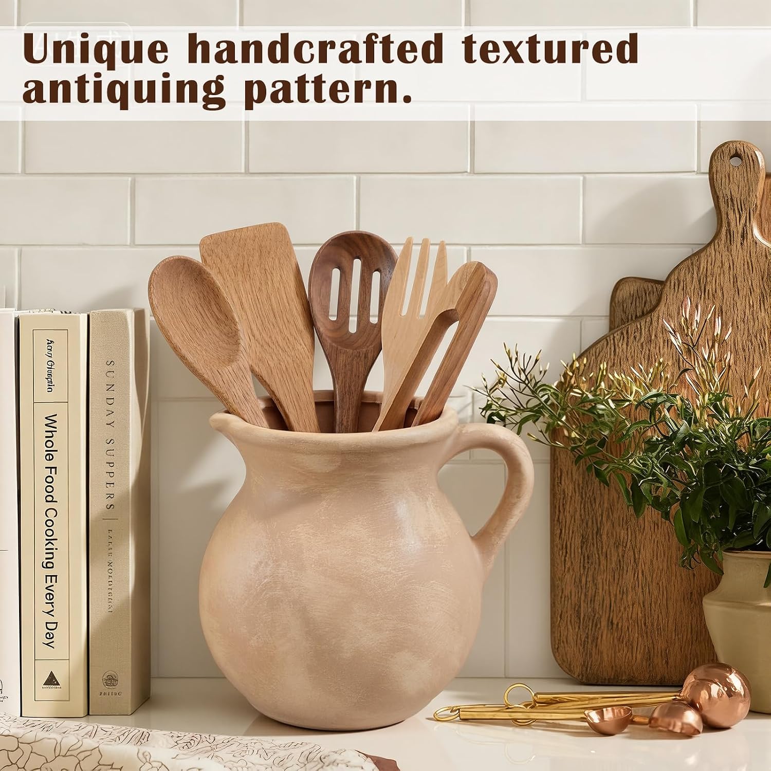 Potchen Rustic Kitchen Utensil Holder with Handle,7.48" H Ceramic Vintage Utensil Crock for Countertop, Farmhouse Kitchen Decoration Ceramic Pot for Spatulas Spoons Tongs(Classic,Antique Beige)