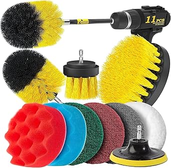 Holikme 8 Piece Drill Brush Attachment Set Scouring Pads Power Scrubber Brush Scrub Pads Cleaning Kit-All Purpose Cleaner For Bathroom Surfaces, Grout, Floor, Tub,Tile, Corners( Yellow) pack of 1
