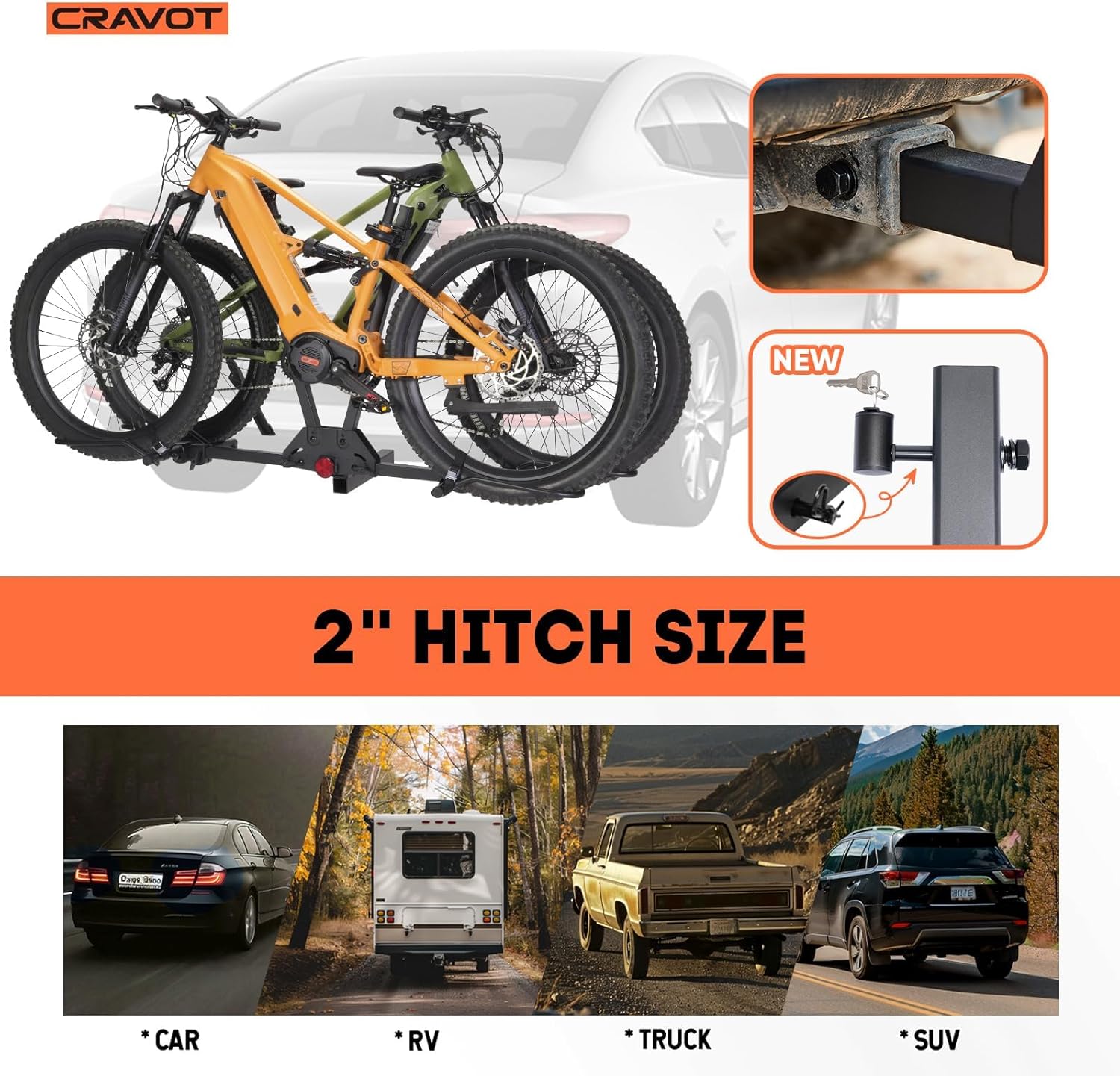 Ebike Rack for Tow Hitch, Electric Bike Carrier for 2 Bikes, 200lbs Capacity Foldable Light Bike Racks for 2" Receiver Car, SUV, Van