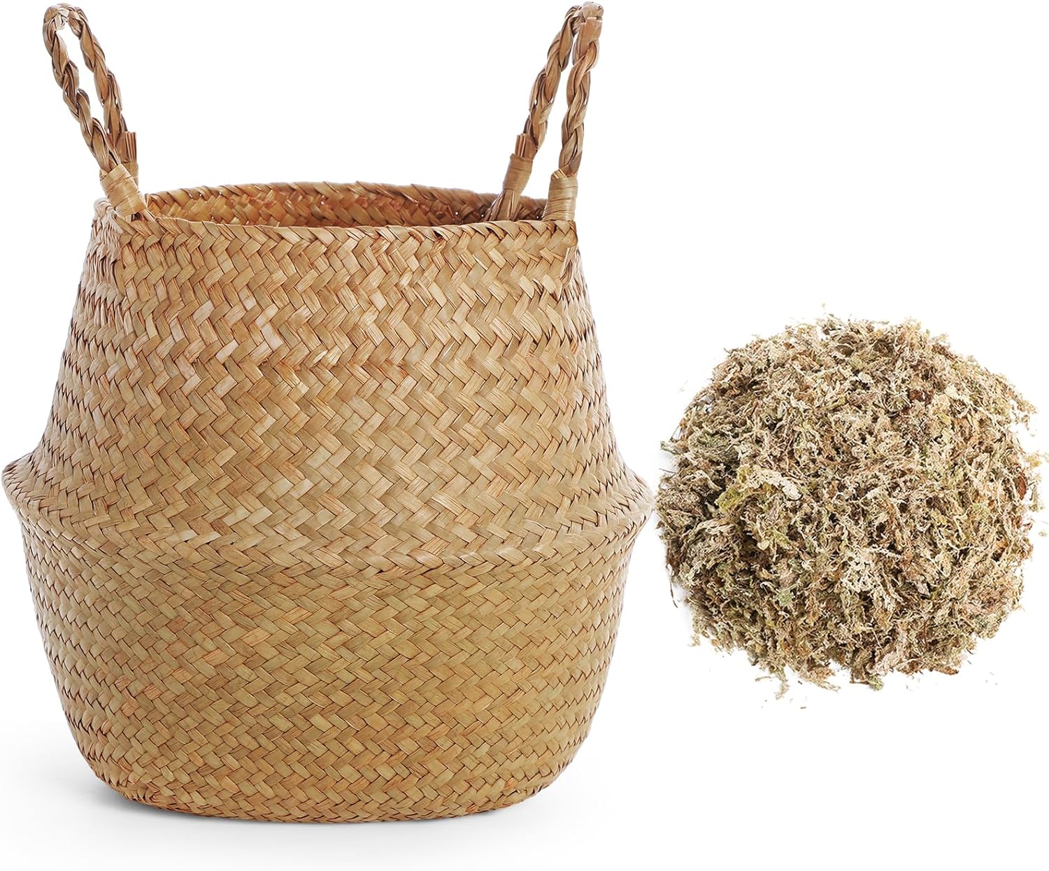 1 Pack Large Wicker Plant Basket with Handle Woven Seagrass Belly Basket and Artificial Moss for Plants Picnic Grocery Laundry House Storage Home Decor (Large)