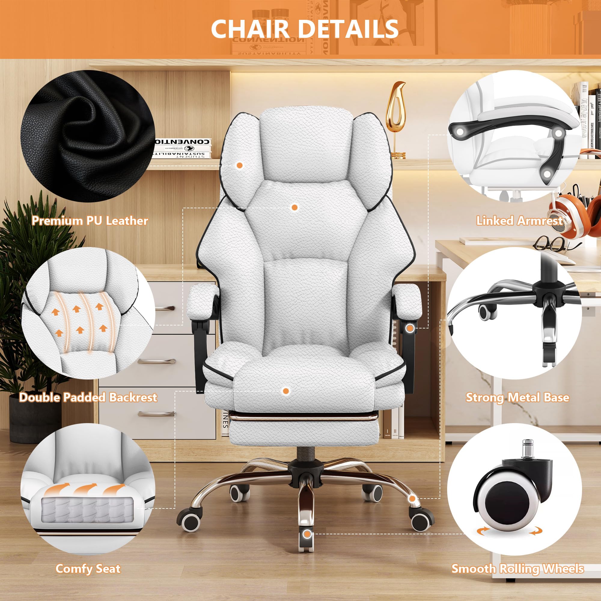 Sedia da Ufficio Direzionale con Schienale Alto, per Computer E Gaming, in Pelle, con Poggiapiedi, Ergonomica, per Persone Alte E Grandi, Grigio, Taglia Unica