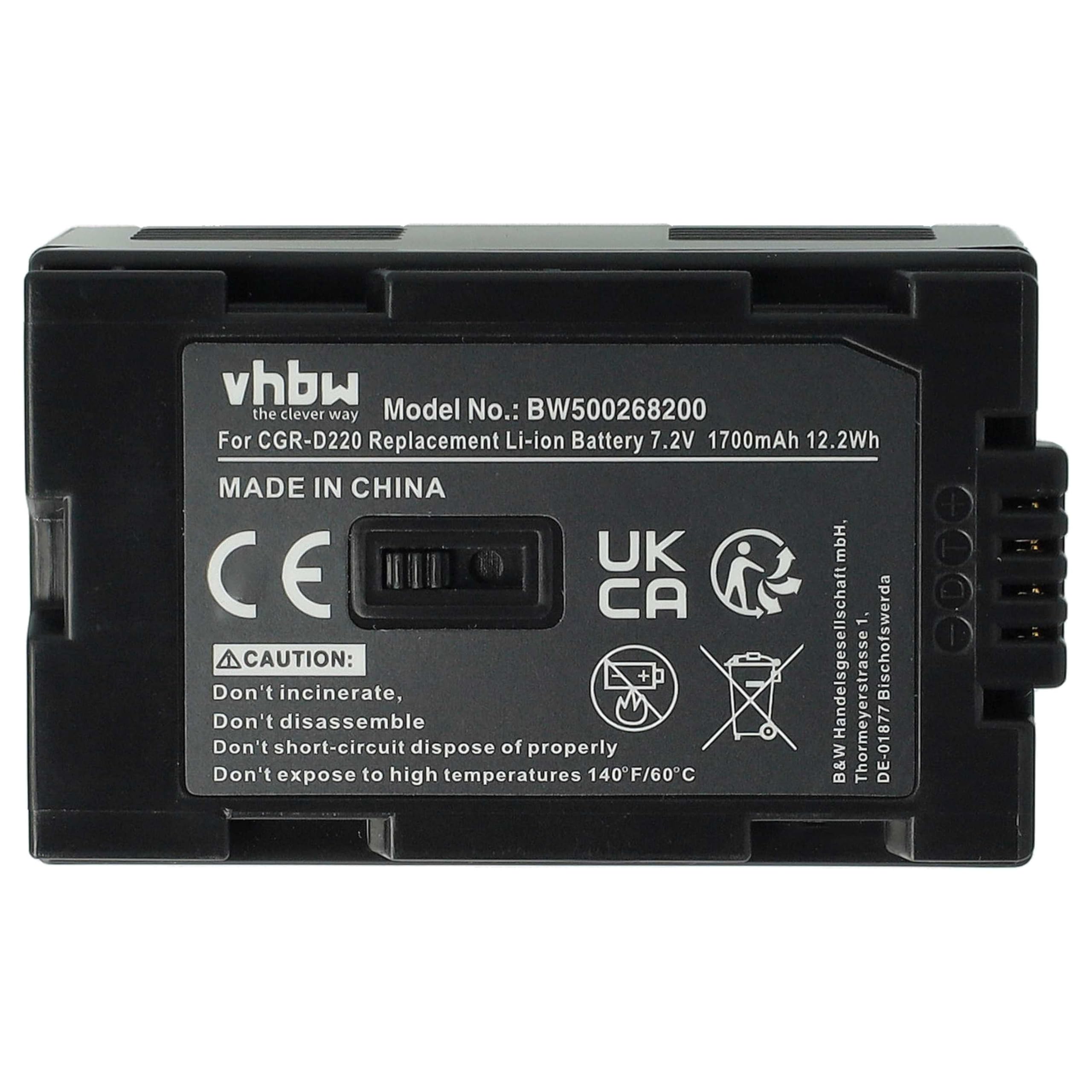 vhbw 1x batteria sostituisce Panasonic CGP-D320E/1B, CGR-D08, CGR-D08A, CGR-D110, CGR-D120 per videocamera camcorder (1700mAh, 7,2V, Li-Ion)