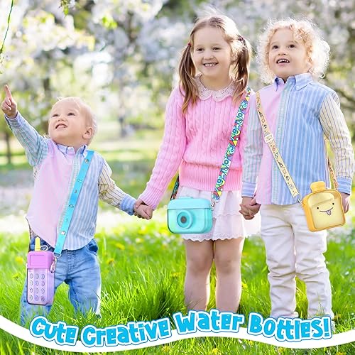 Miniatura 5 de Queekay 6 botellas de agua con pajitas para niños, correa ajustable de sandía, a prueba de fugas, de plástico, sandía, helado, cámara, pan,