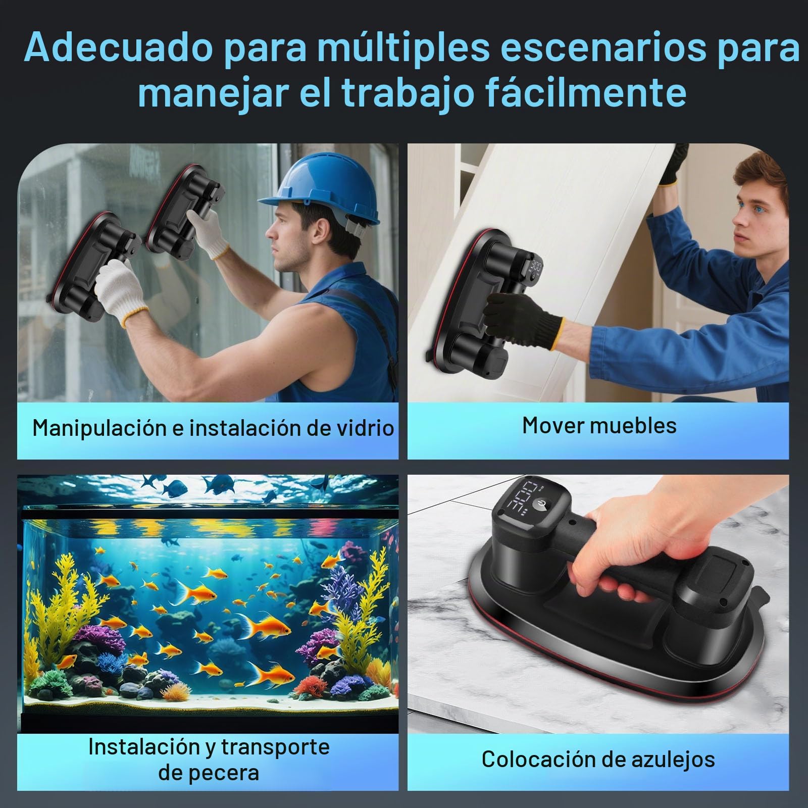 Ventosas para Azulejos, Ventosa Eléctrica Recargable con Pantalla Digital, 2 Motores 4500 mAh, 300 kg Potencia de Succión, Copa de Succión del Parabrisas para Superficies ásperas (Negro)