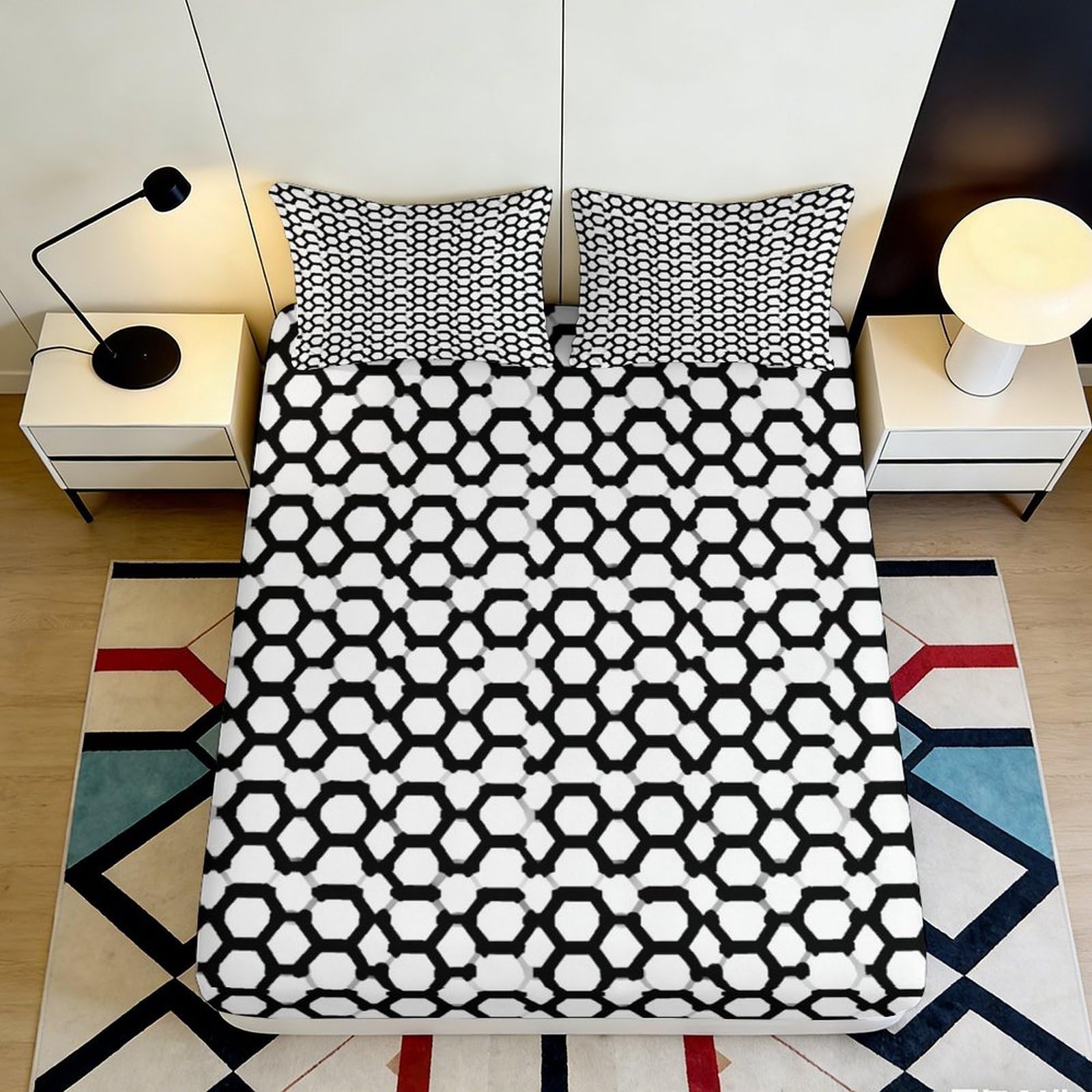 3D Printed Geometric Hexagon Fitted Sheet Microfiber Black White Abstract Mattress Cover for Bedroom Dorm Guest Room Protection 140x200x25cm