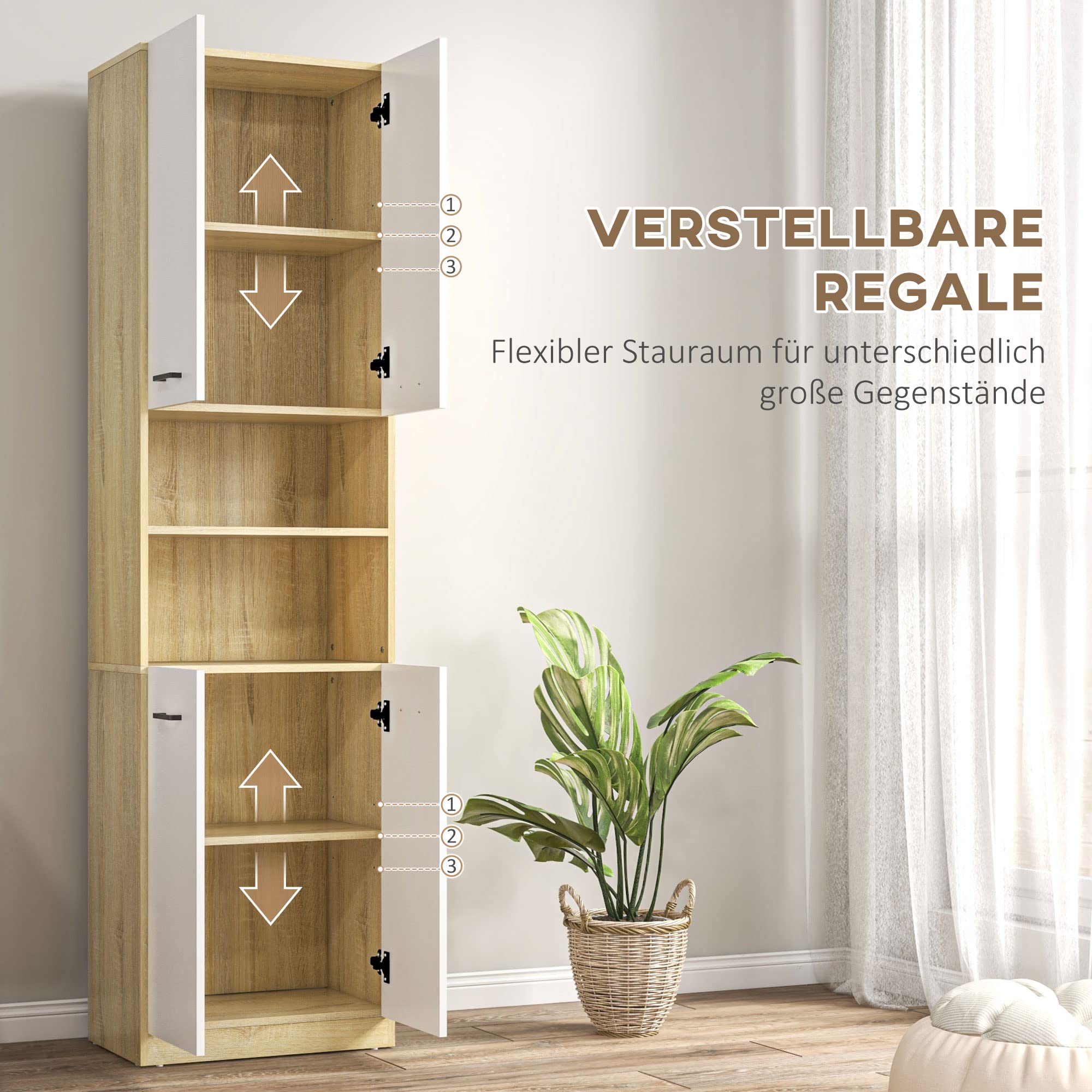 Kleankin Badezimmerschrank 195cm - Mit 2 Schränken & 2 Regalen, Weiß+Natur