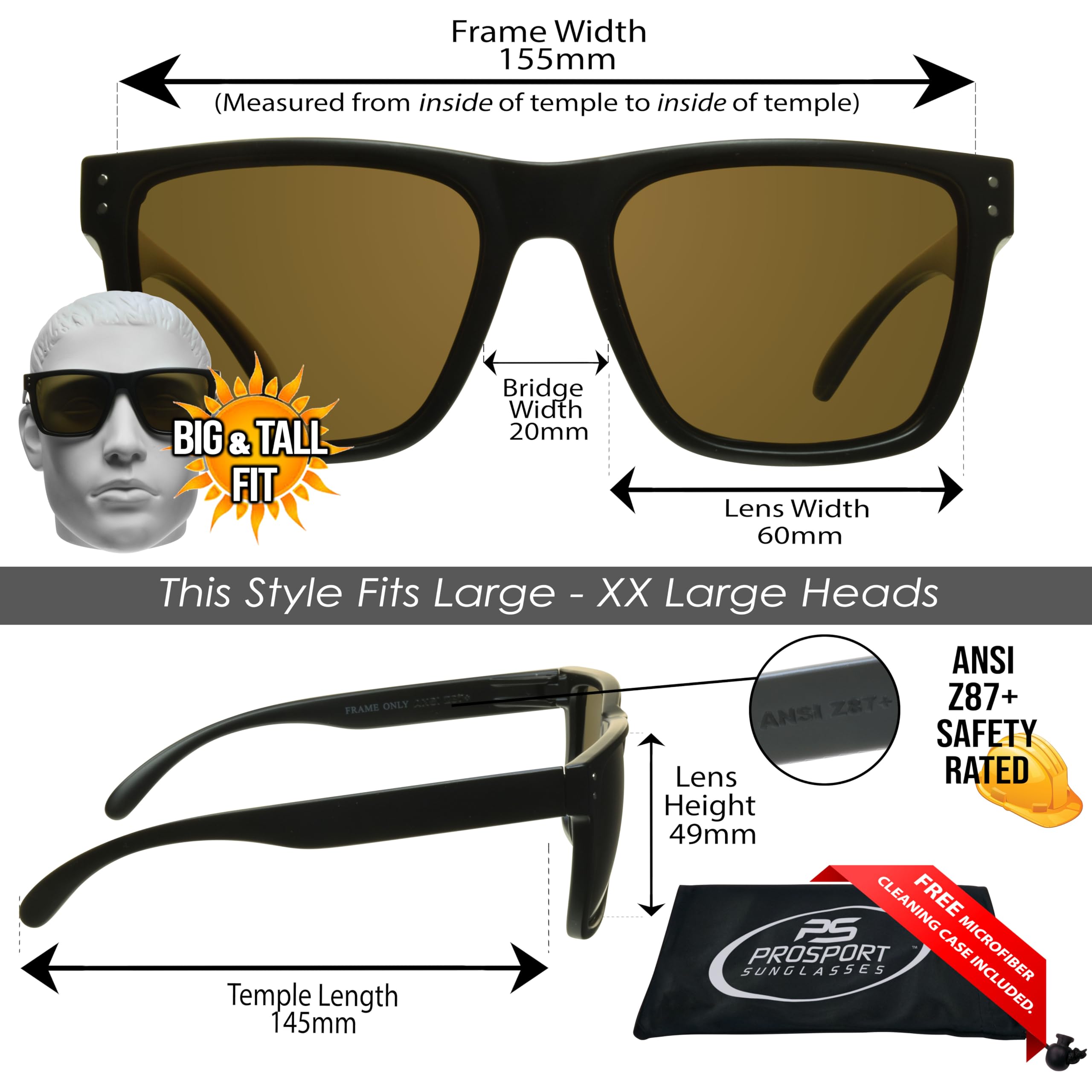 proSPORT Safety Sunglass Men Extra Large Wide Big Tall Protective Z87 Polarized Brown Lens Outdoor Work Glasses