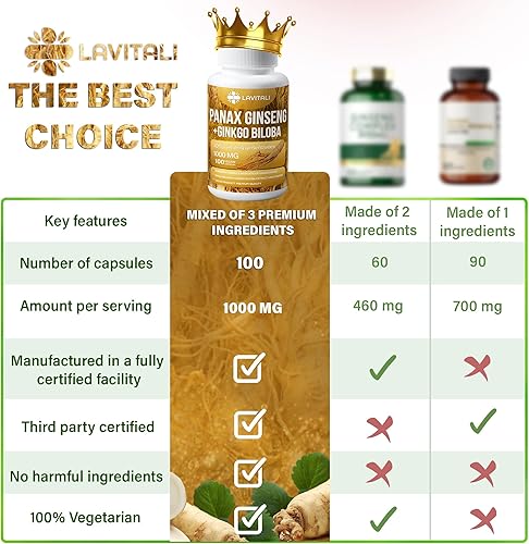 Miniatura 5 de Ginseng & Ginkgo Biloba 100 cápsulas vegetales, polvo de extracto de raíz de ginseng energético, con extracto de ginkgo biloba, píldoras de