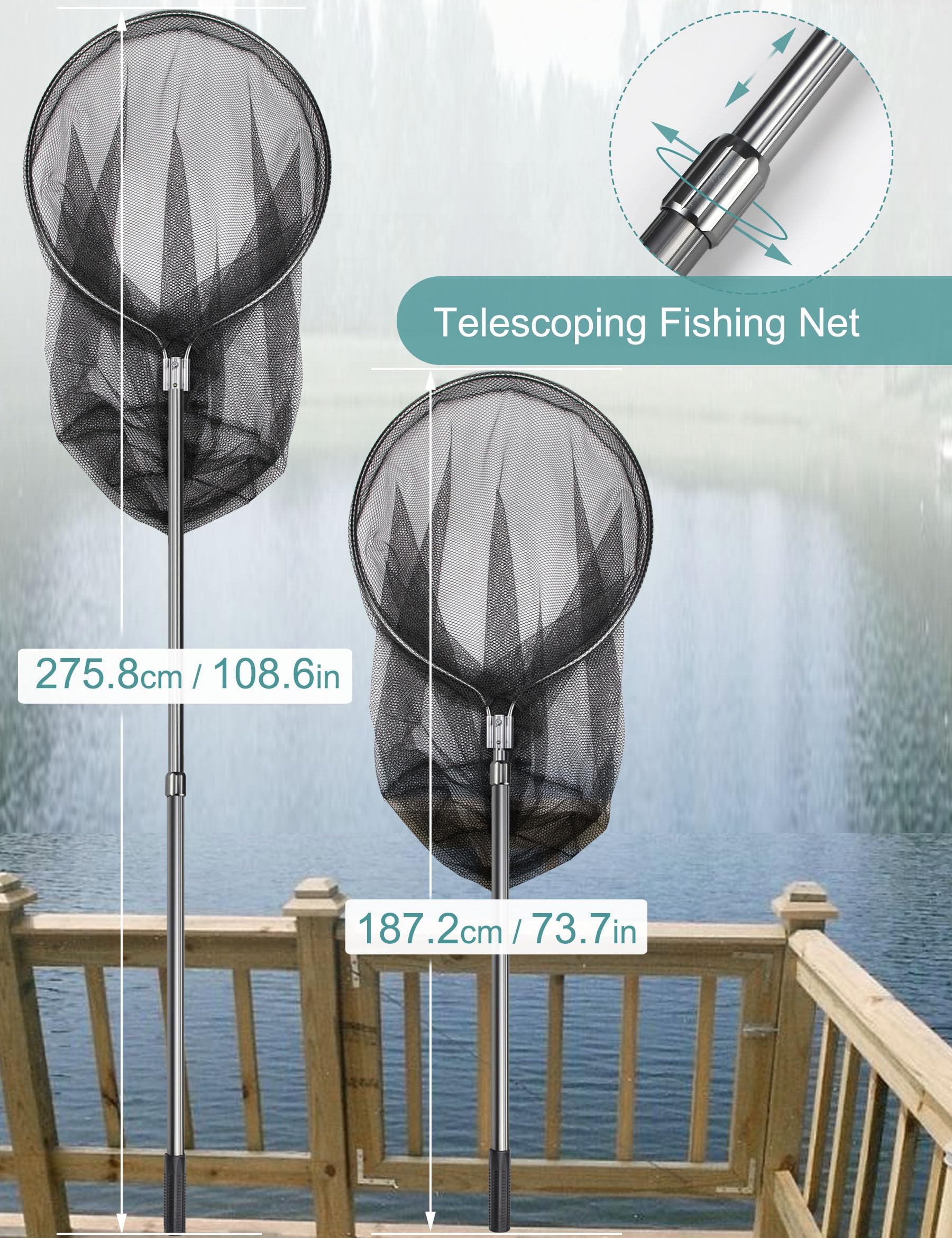 Avlcoaky Saltwater Fishing Net Large Fishing Net with Telescoping Handle Cat Catcher Net Trap Chicken Net Rubber Landing Net Big Kayak Fish Net Extends to 108.6in, Net Depth 35.4in