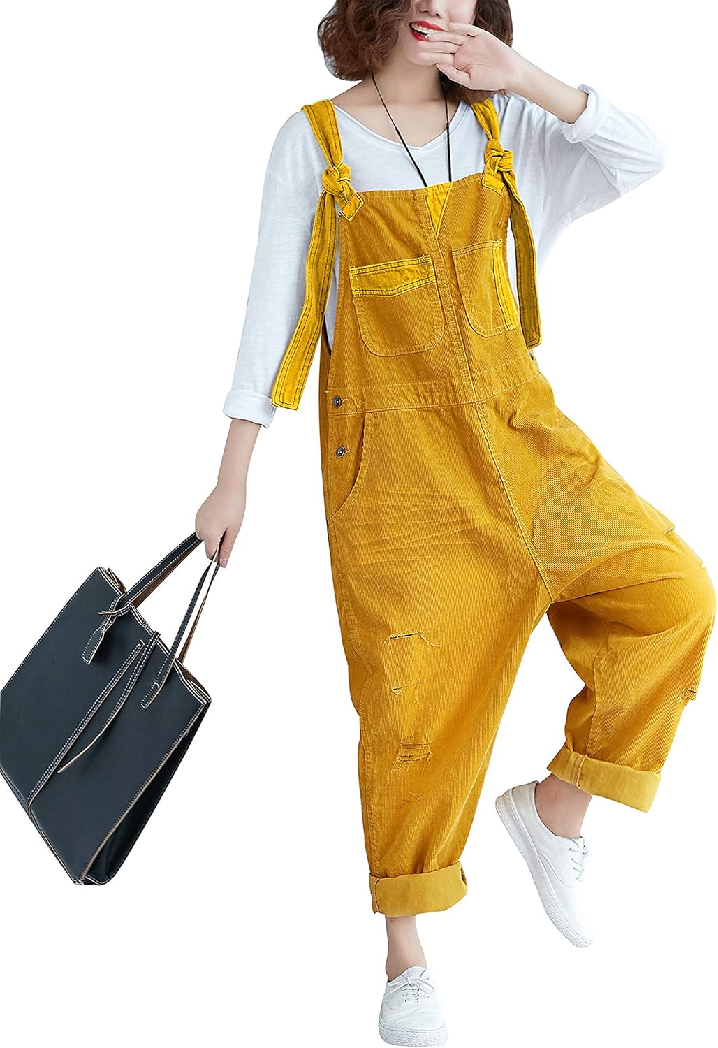 Yeokou Women's Loose Baggy Denim Wide Leg Drop Crotch Jumpsuit Rompers Overalls
