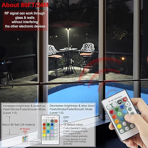 Miniatura 10 de HONWELL Luces para sombrilla de patio al aire libre, funciona con pilas, inalámbrica, 12 colores cambiantes, con control remoto, luces LED