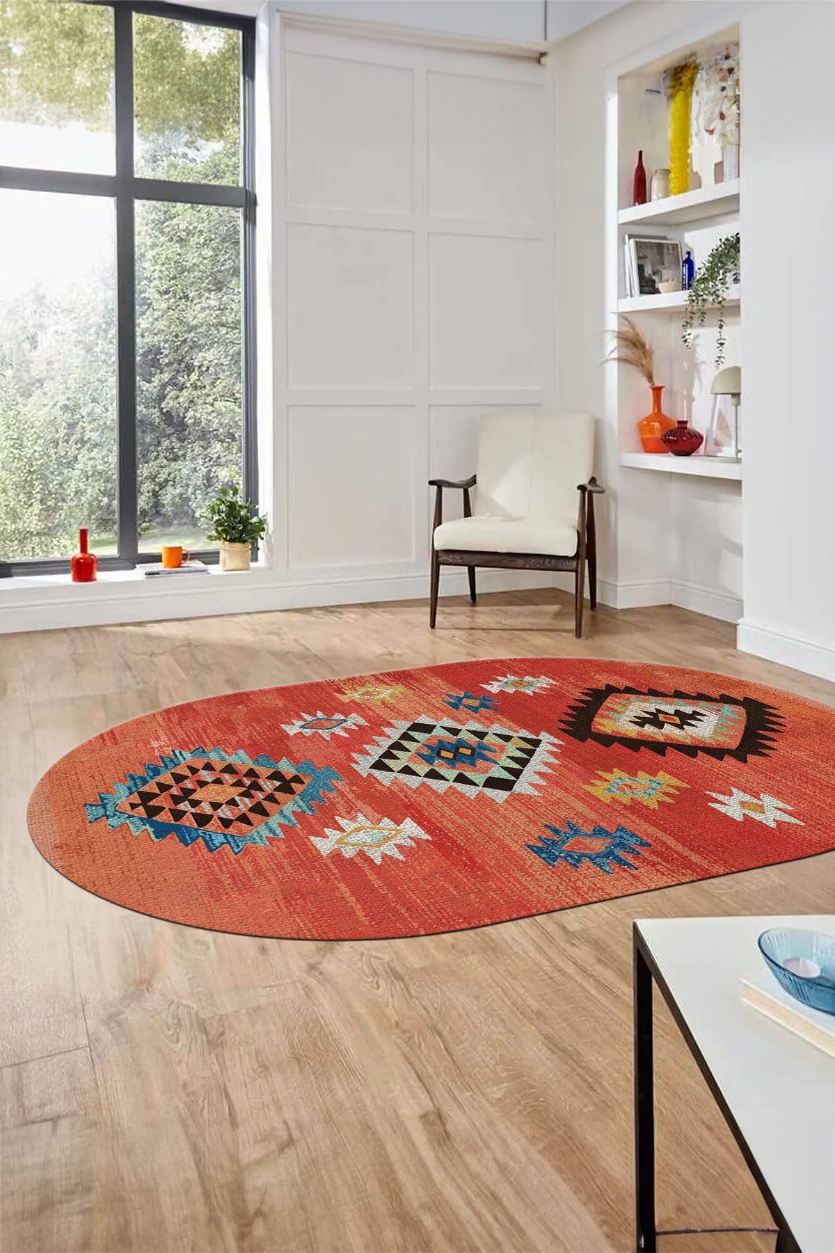 Evdeya Dijital Baskılı Kaymaz Taban Yıkanabilir Etnik Desenli Oval Mutfak Salon Halısı O-ETNİK-01, Kırmızı, 40 x 60