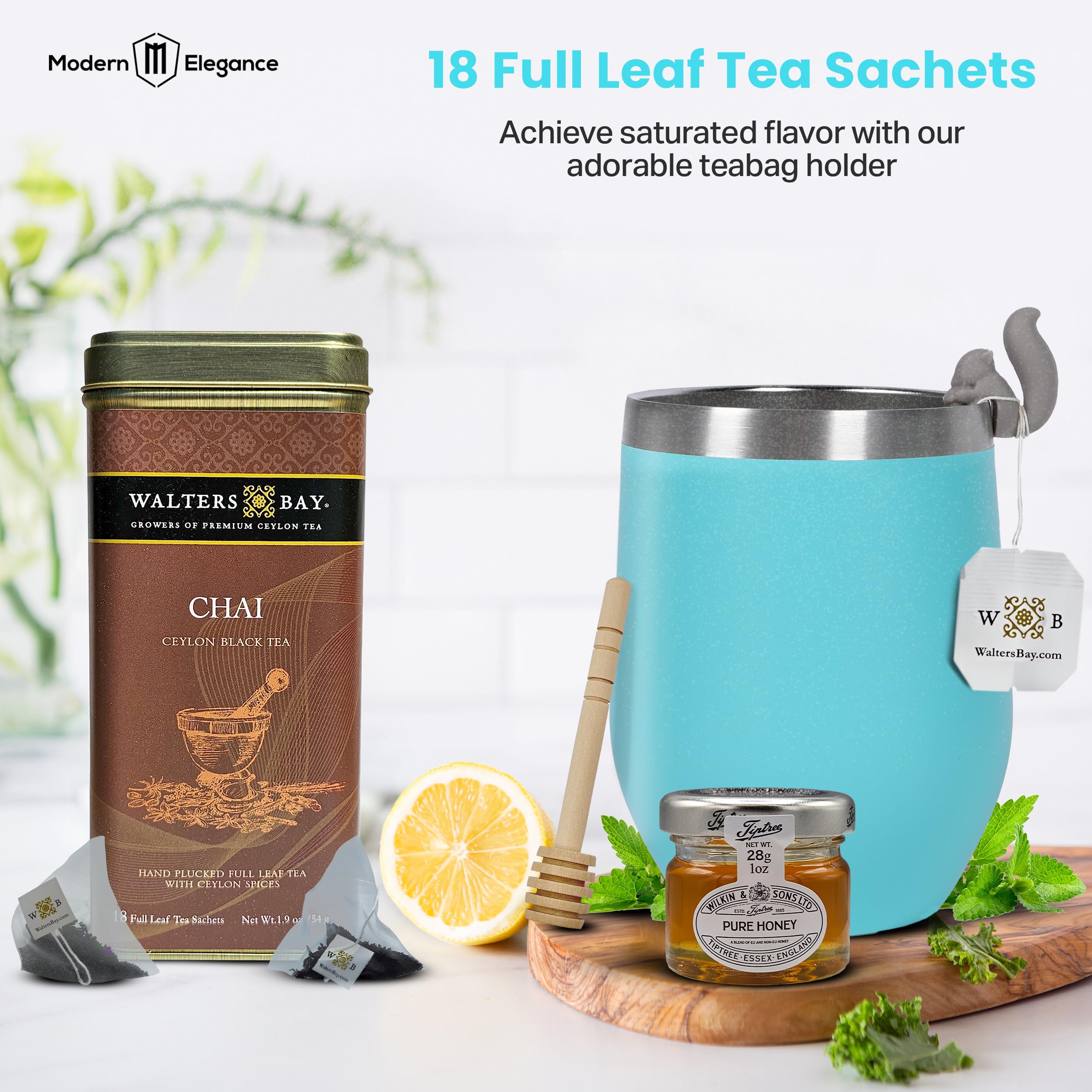 Modern Elegance Cesta de regalo para amantes del té, caja de regalo de té Thoughtful Get Well | Calcetines acogedores, vaso de acero inoxidable, 18 sobres de té de hoja completa, tarro de miel |