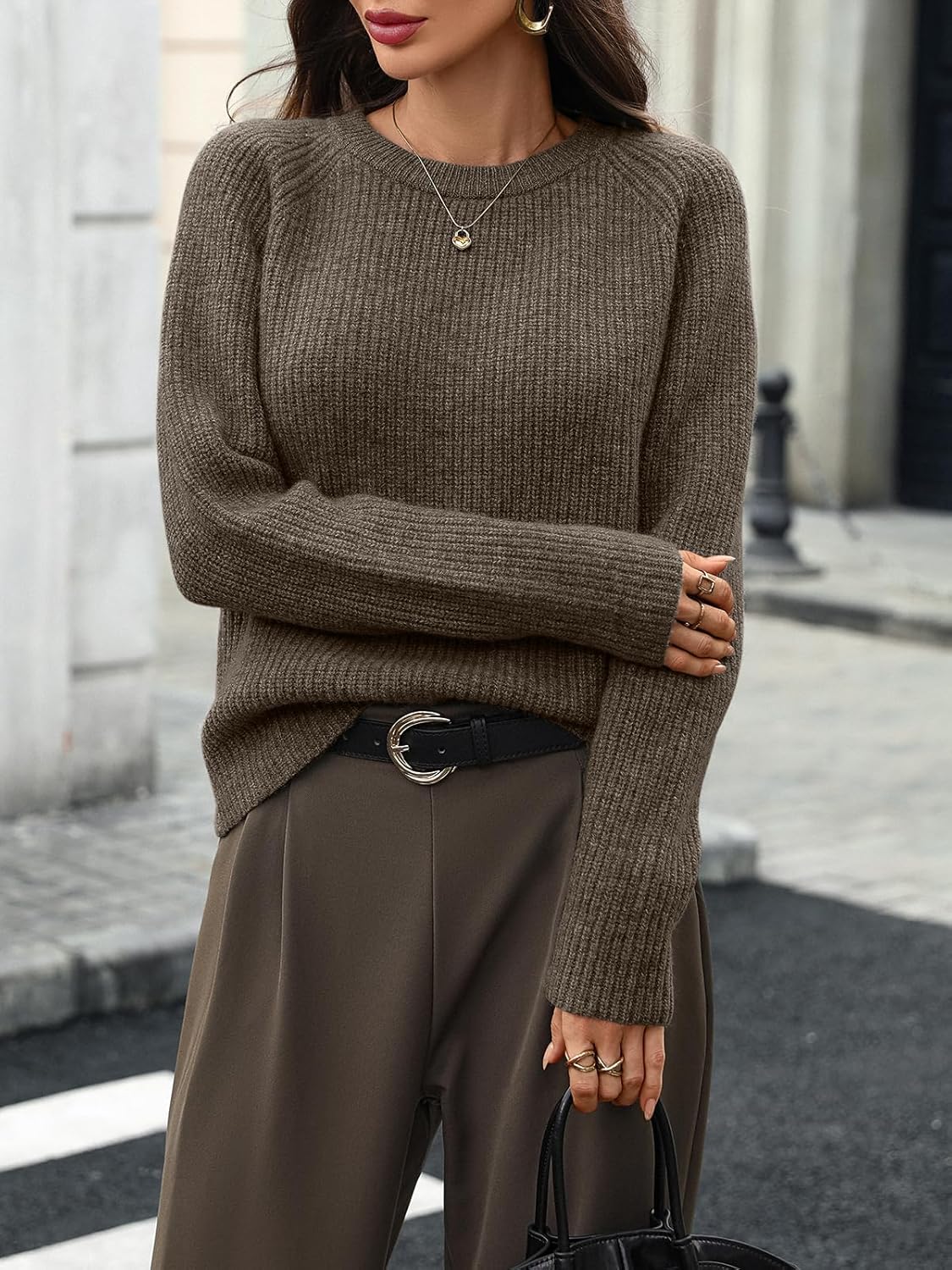 Women's 100% Wool Cropped Sweater Crewneck Cable Kint Ribbed Long Sleeve Pullover Winter Comfort Basic Top - Image 2