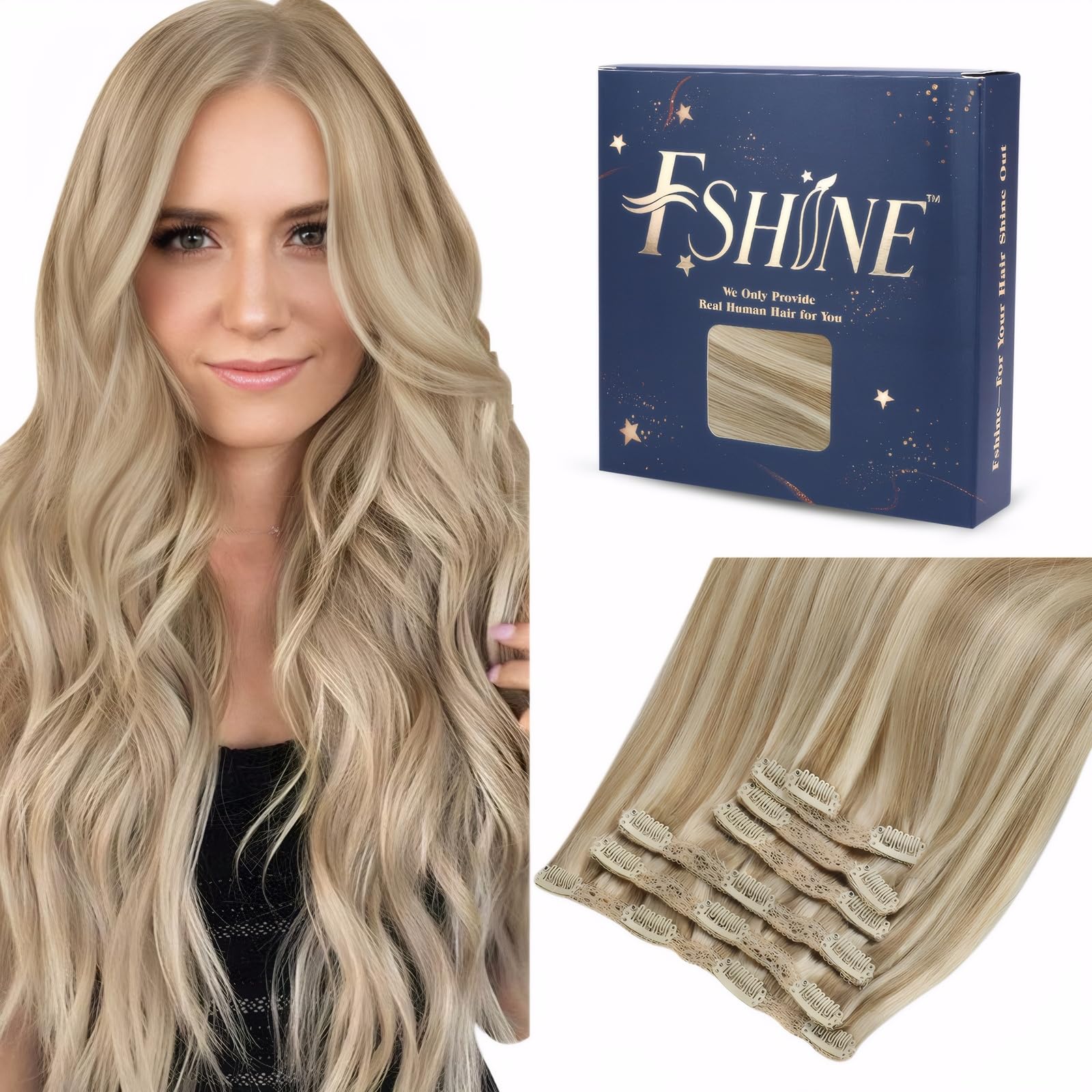 Fshine Clip Capelli Estensioni 50CM 120g 7Pcs Extension Capelli Remy Clip Biondo Cenere Scuro Con Highlighted Del Biondo Dorato Clip In Hair Extension Real Hair Brasiliani #16P22