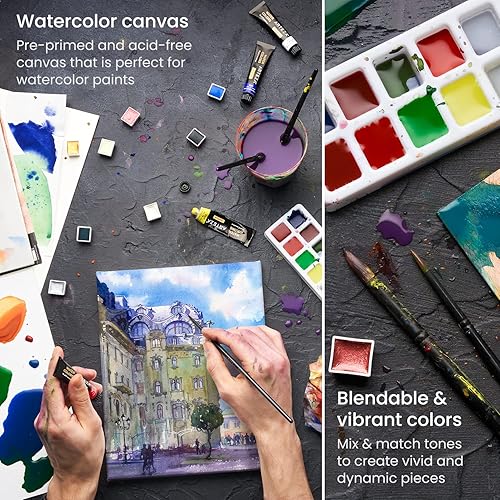 Miniatura 6 de Arteza Kit de pintura de acuarela, 24 piezas, 18 acuarelas vibrantes, 3 pinceles de acuarela, bloc de papel de acuarela y lienzo, y estuche de