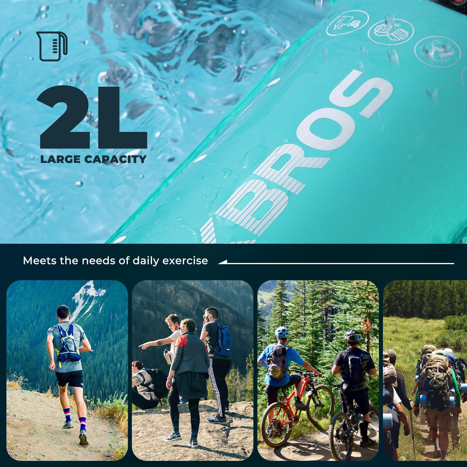 ROCKBROS Sacca Idrica per Zaino, Sacca Acqua capacità 2 L Senza BPA, Uso Facile, Tubo in TPU 106 CM, Camel Bag Idratazione per Ciclismo Trekking Campeggio Arrampicata
