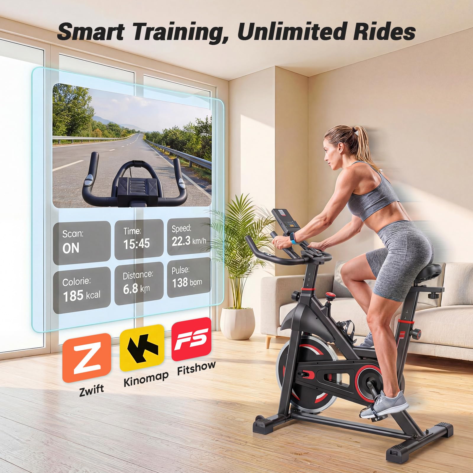 DUMOS Rower treningowy z aplikacją, rowery stacjonarne do domu, rower treningowy dla dorosłych i seniorów, regulowana wysokość i opór, niski poziom hałasu, nośność 120 kg, łatwa konfiguracja