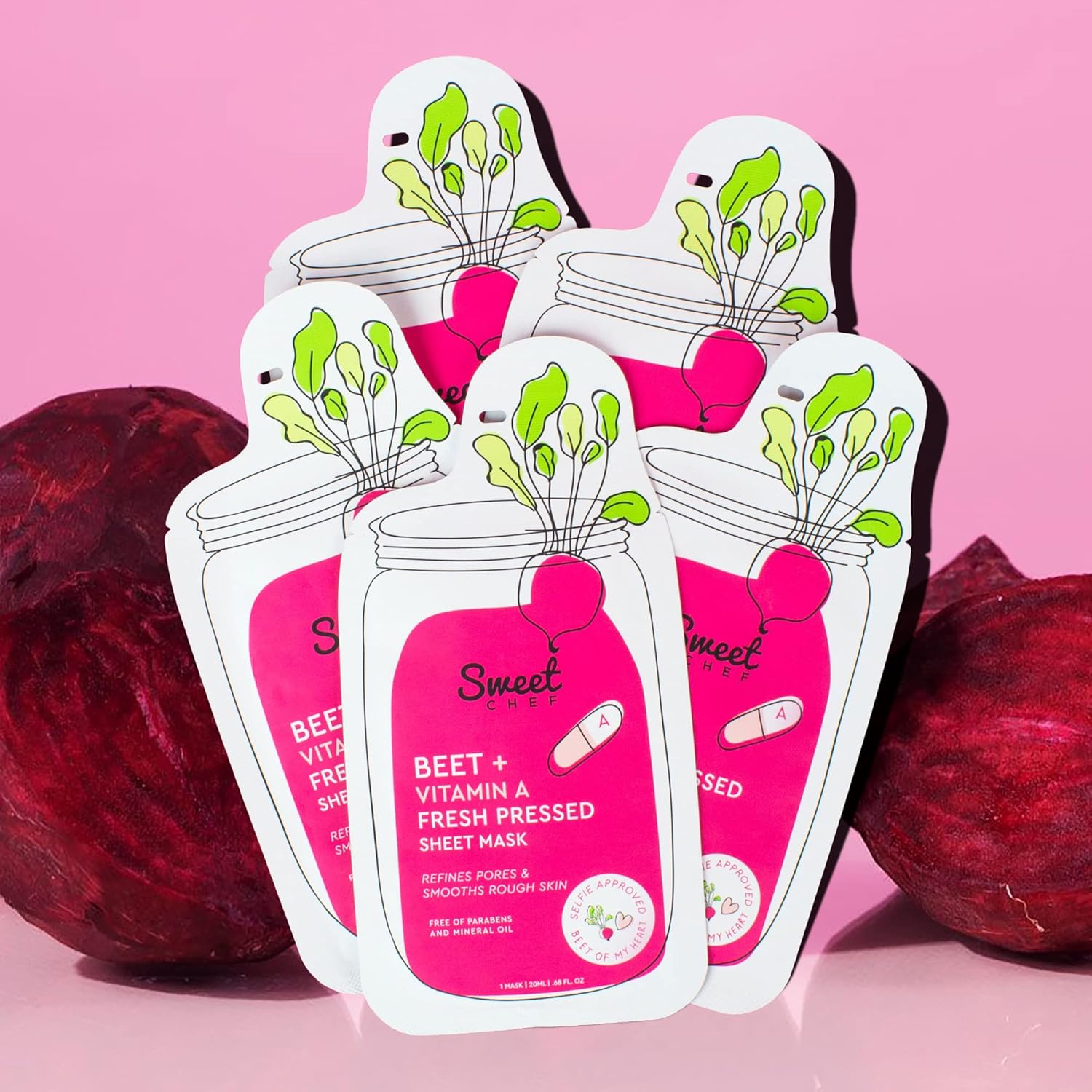 Sweet Chef Beet + Vitamin A Fresh Pressed Sheet Mask - Beet Extract Moisturizing Face Mask for Soft Smooth Skin + Pore Minimizing Antioxidant Vitamin A for Aging & Glowing Skin (Sheet Mask Pack of 5)