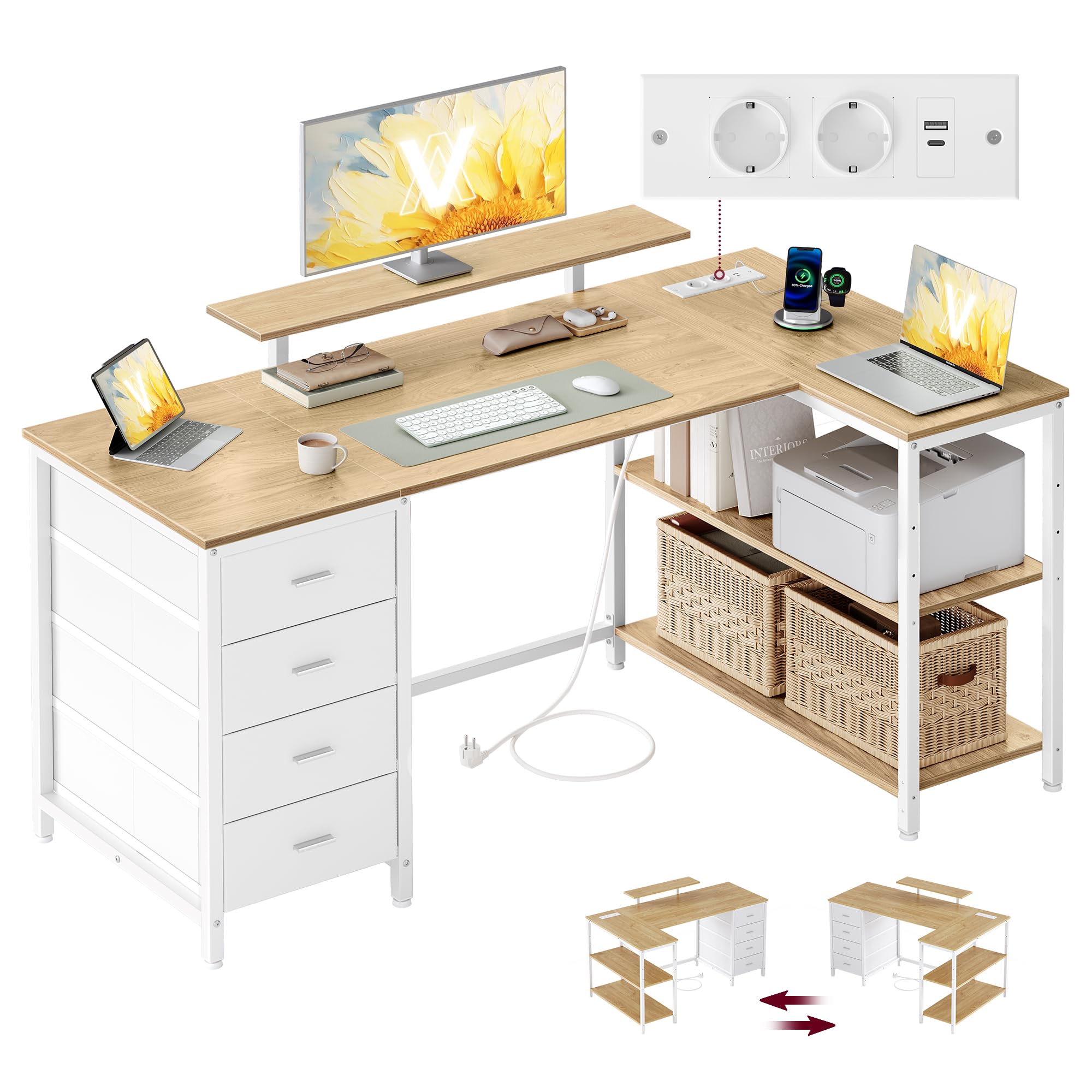 VASAGLE L-förmiger Eckschreibtisch mit Steckdosen, Computertisch, Gaming-Tisch, beidseitig montierbar, verstellbare Ablagen, 4 Schubladen, 2 USB-Anschlüsse, 140 x 80 cm, natureichenfarben LWD172YD01