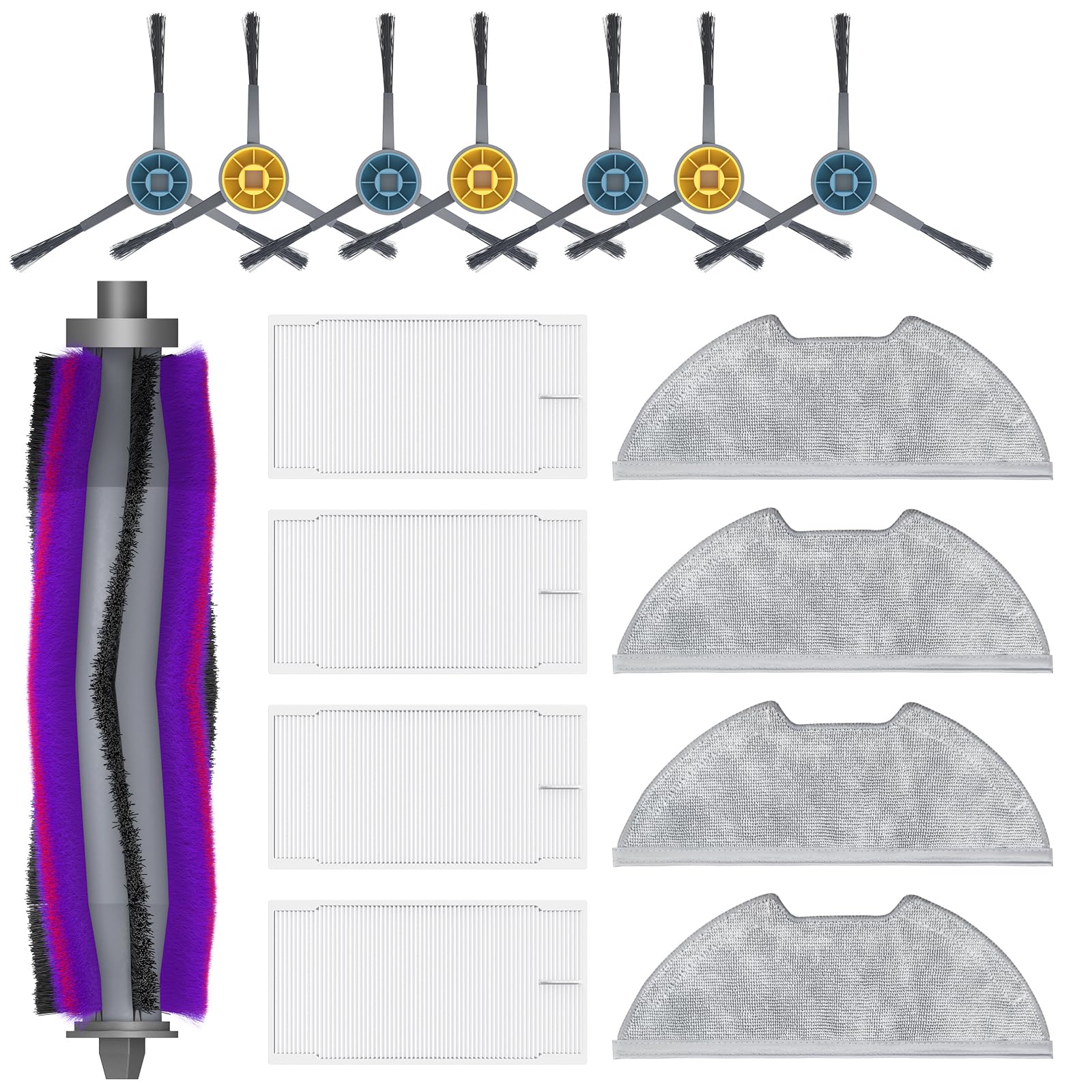 Replacement Accessories Kit Compatible with Eureka E10s Robot Vacuum Cleaner, 17 Pack Vacuum Parts Set Include 1 Main Brush + 4 HEPA Fil-ters + 8 Edge-Sweeping Brushes + 4 Mop Pads