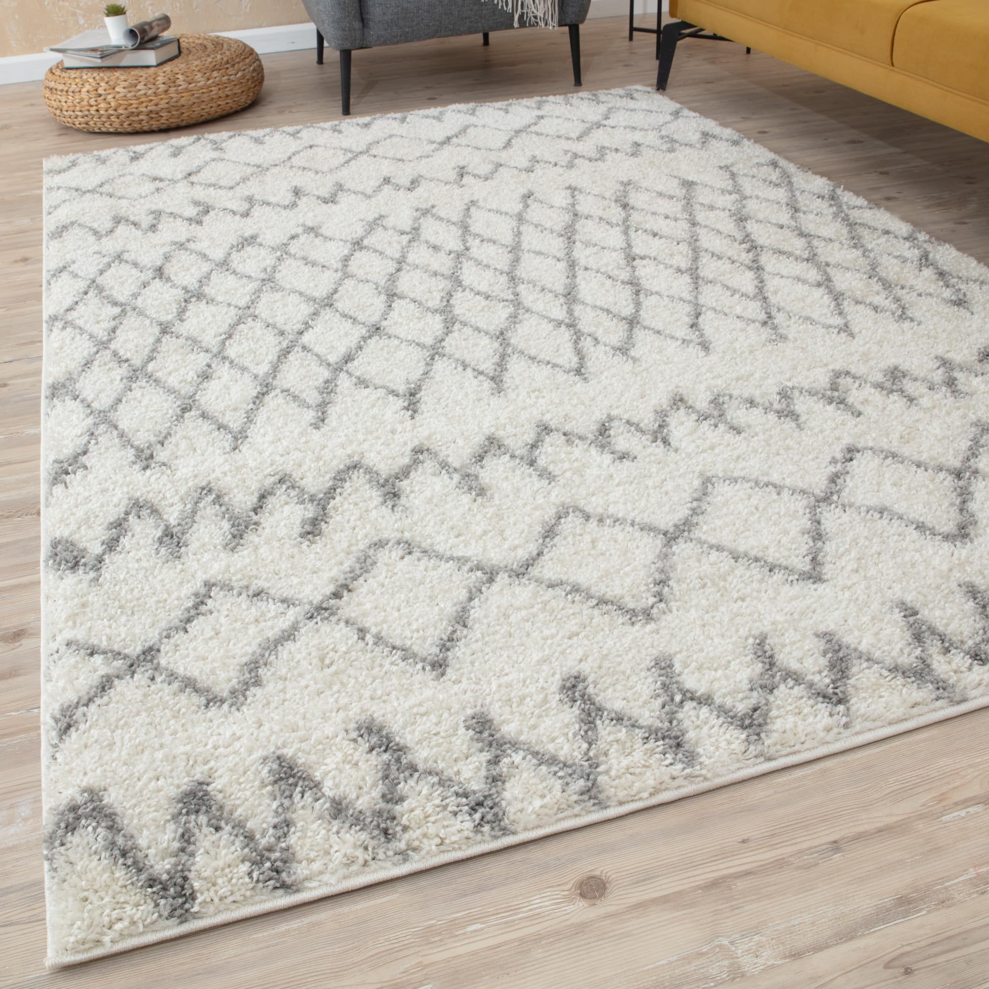 Rackhams Ivory/Grey Moroccan Shaggy Rug | 900 - 80X300 Cm