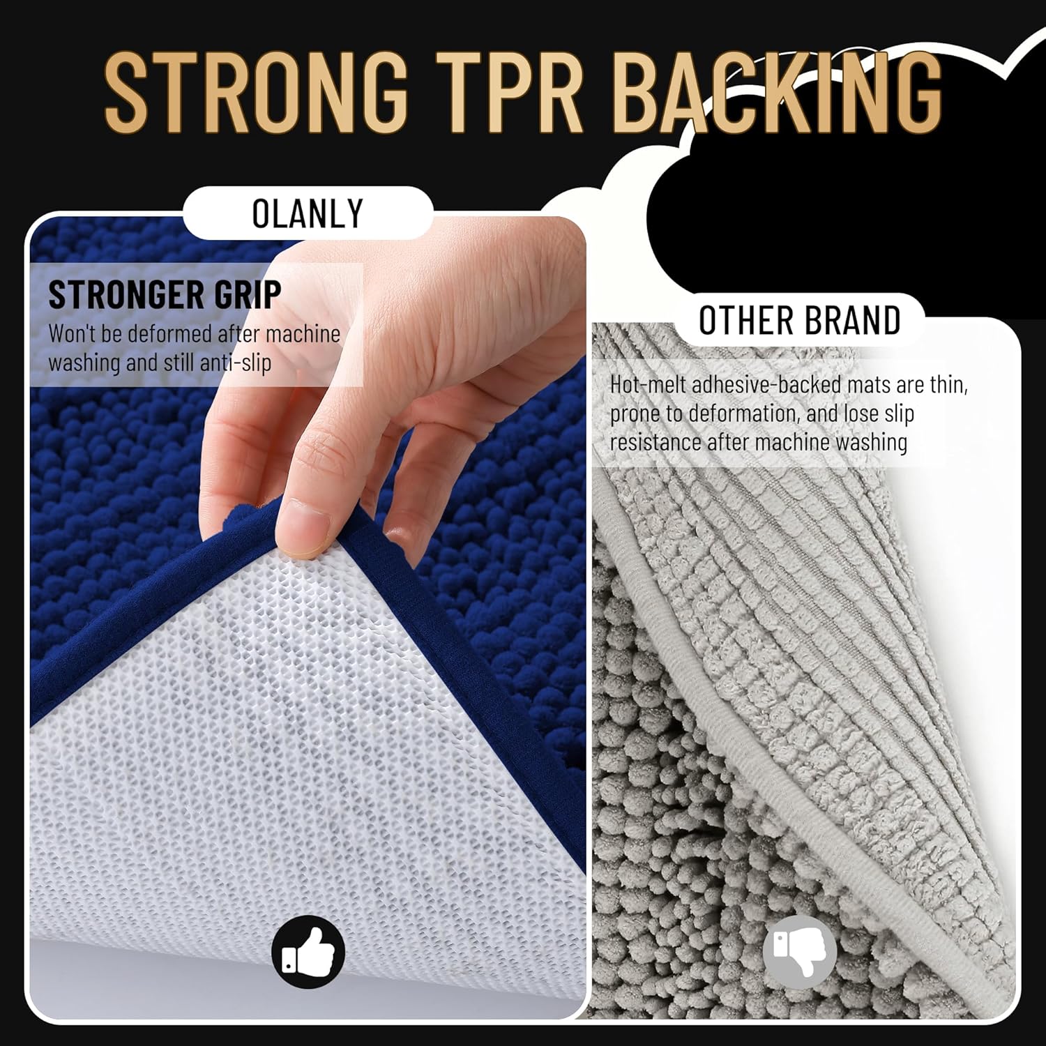 OLANLY Thick Toilet Rugs U-Shaped 24x20, Extra Soft Absorbent Chenille Striped Contour Bathroom Rugs for Toilet, Dry Quickly, Machine Washable, Navy - Image 4