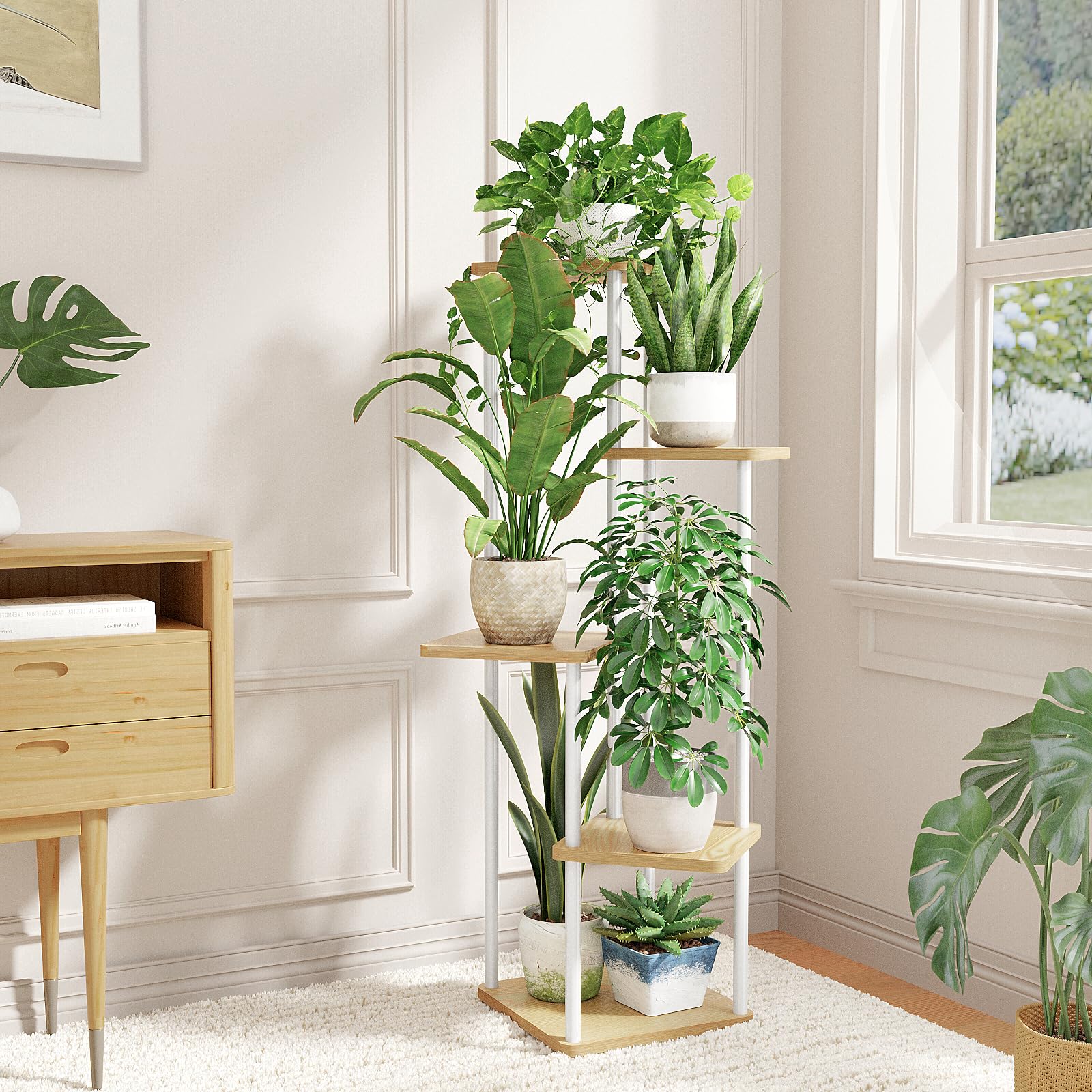 Bamworld Blumenständer Pflanzenständer Blumenhocker Pflanzenregal Indoor Weiss Blumenregal Blumentreppe Metall Outdoor Balkon Deko Wohnzimmer Blumentopf Zimmerpflanzen Pflanztisch(Weiß)