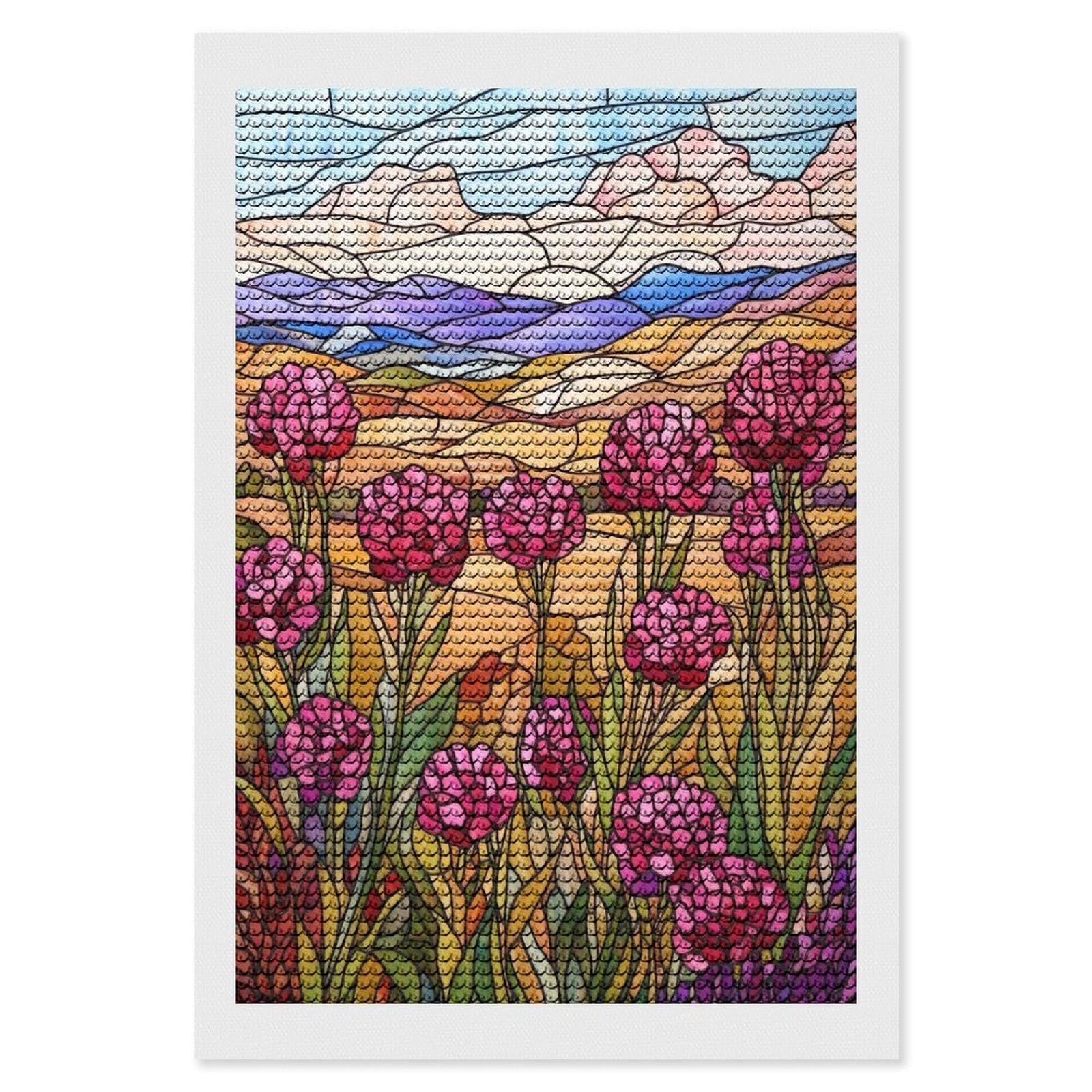 Junmoney Stained Glass Mountain Meadow Round Drill Diamond Painting 8"x12", Handmade Wall Decor, Modern Decor, Aesthetic Room Decor, Easy Craft Set