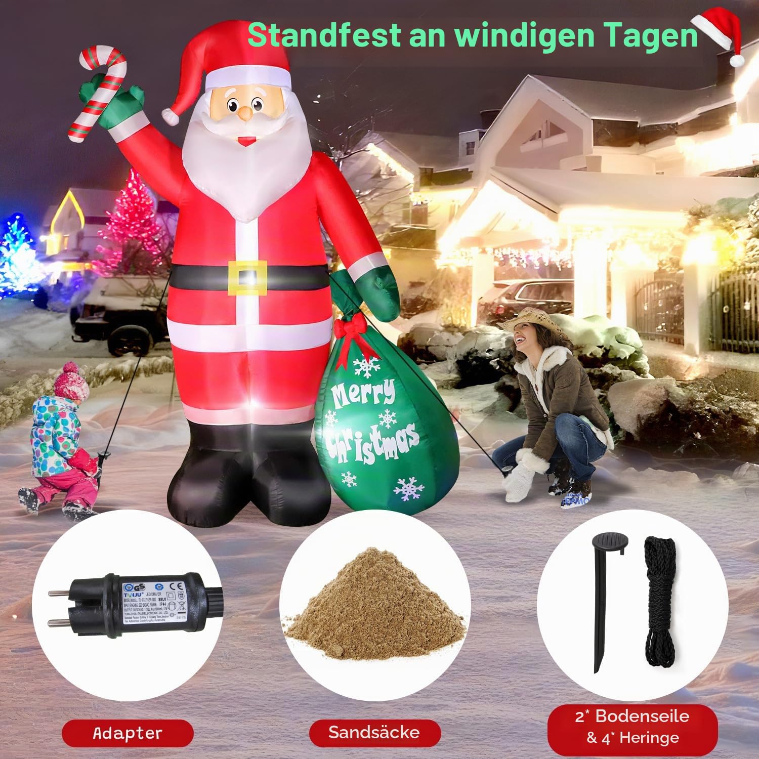Omdekor 180CM/6FT Großer weihnachtsdeko aufblasbar Weihnachtsmann mit Geschenkesack & Gehstock, IP44 Wassergeschützt, Innen/Garten/Deko mit Integrierten LED-Lichtern, Erdspießen & Sandsäcken