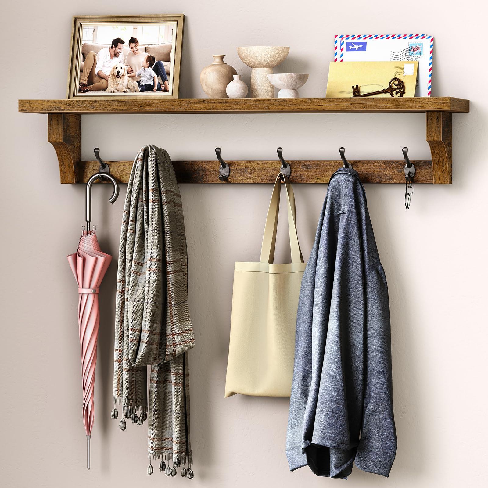 Photo 1 of RALGEND 29" Coat Rack Wall Mount Shelf, Entryway Wall Shelf with 6 Metal Hooks, Coat Hangers for Living Room, Modern Wooden Floating Shelves for Bathroom, Bedroom, Kitchen, Rustic Brown 7401BJR1BF