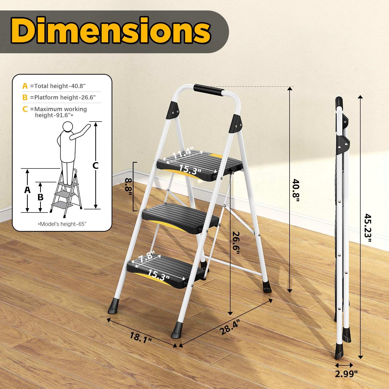 Urackify Escabeau Pliable 3 marches, Charge 150 kg, Verrouillage de sécurité, Pédales Larges, Accoudoirs, Escabeau escamotable léger pour la Maison, Cuisine, Placard et Bureau.