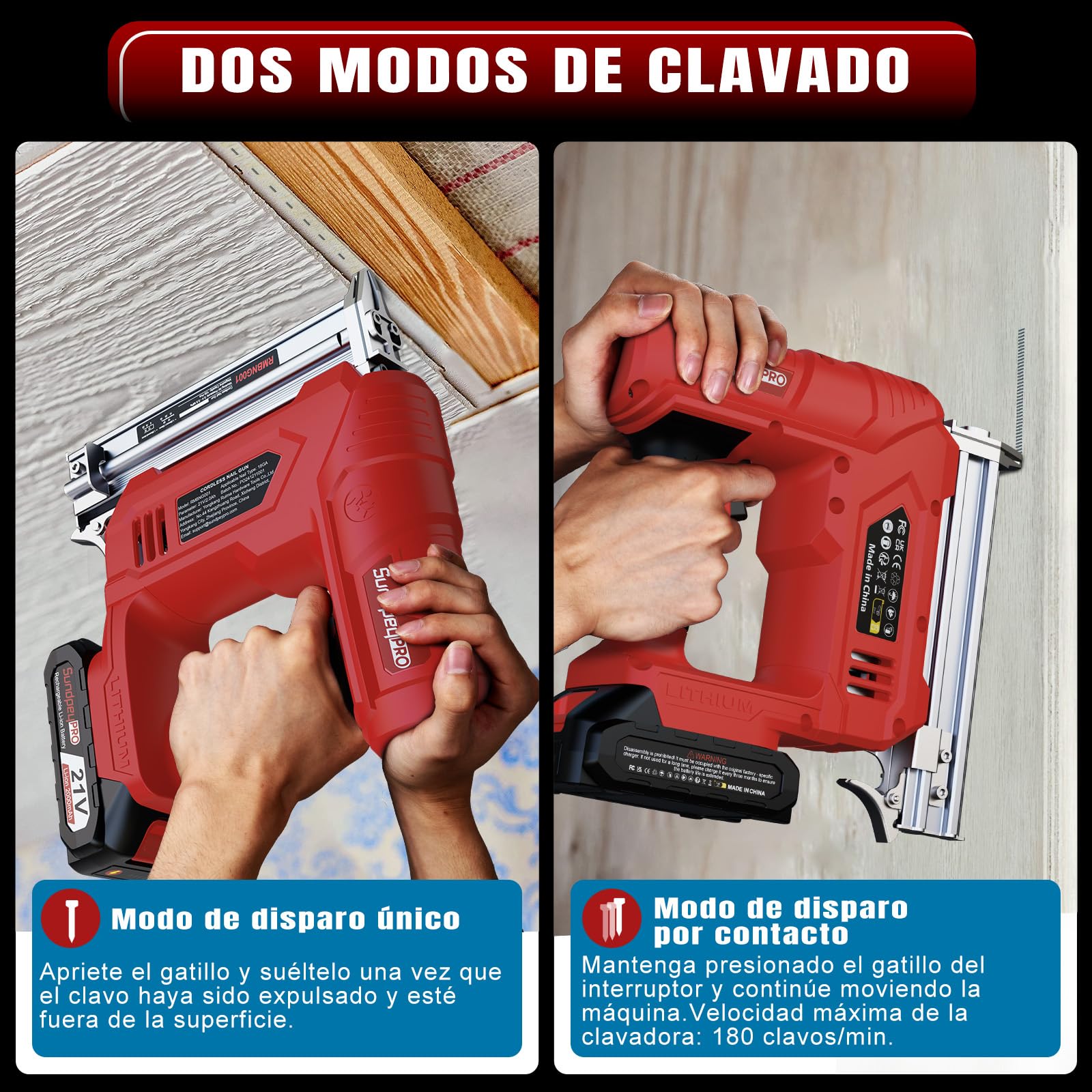 Clavadora a Batería 21V - 2 en 1 Clavadora Electrica de Clavos con 2 x 2.0Ah Baterías, 180 Clavos/min, Grapadora Electrica con 600 Clavos 18GA y 2.000 Clavos U para Tapicería y Carpintería