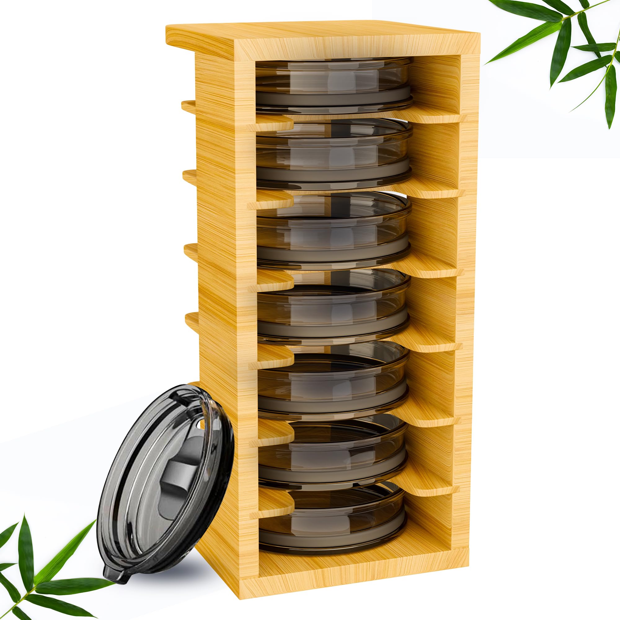 EQUIPSTRIDE 7-Tier Bamboo Tumbler Lid Organizer for kitchen Cabinet - Water bottle lid Organizer for cabinet - Vertical Coffee Lid Storage Organization - Tumbler Lid Storage Rack