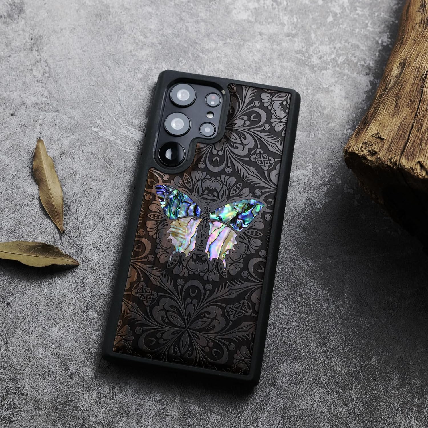 Carveit Designer Wooden Case for Samsung Galaxy S24 Ultra Case [Wood Engraving & Shell Inlay] Compatible with Wireless Chargers S24 Ultra Cover (Baroque Butterfly-Blackwood)