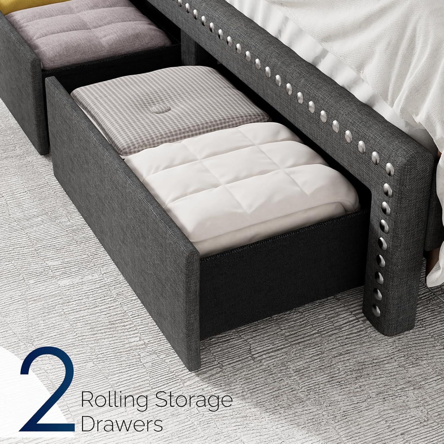 CIKUNASI Queen Size Bed Frame with Storage Headboard and Drawers Modern Rivets Upholstered Bed Frame with LED Charging Station Queen Bedframe No Box Spring Needed