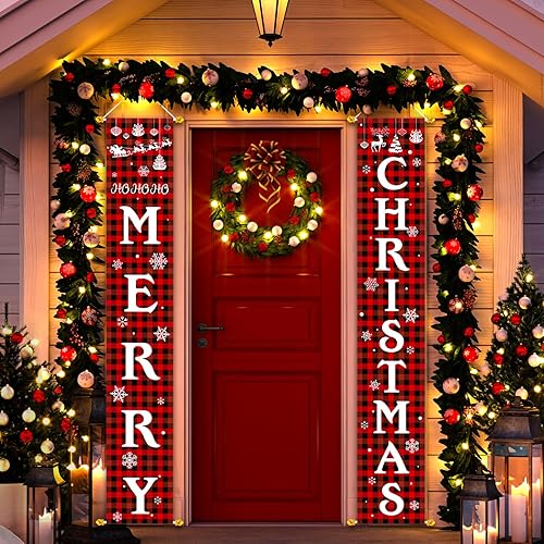 Miniatura 2 de Cartel colgante para porche delantero para puerta del hogar, patio, pancartas de Navidad, interiores y exteriores, decoración navideña (rojo 1)