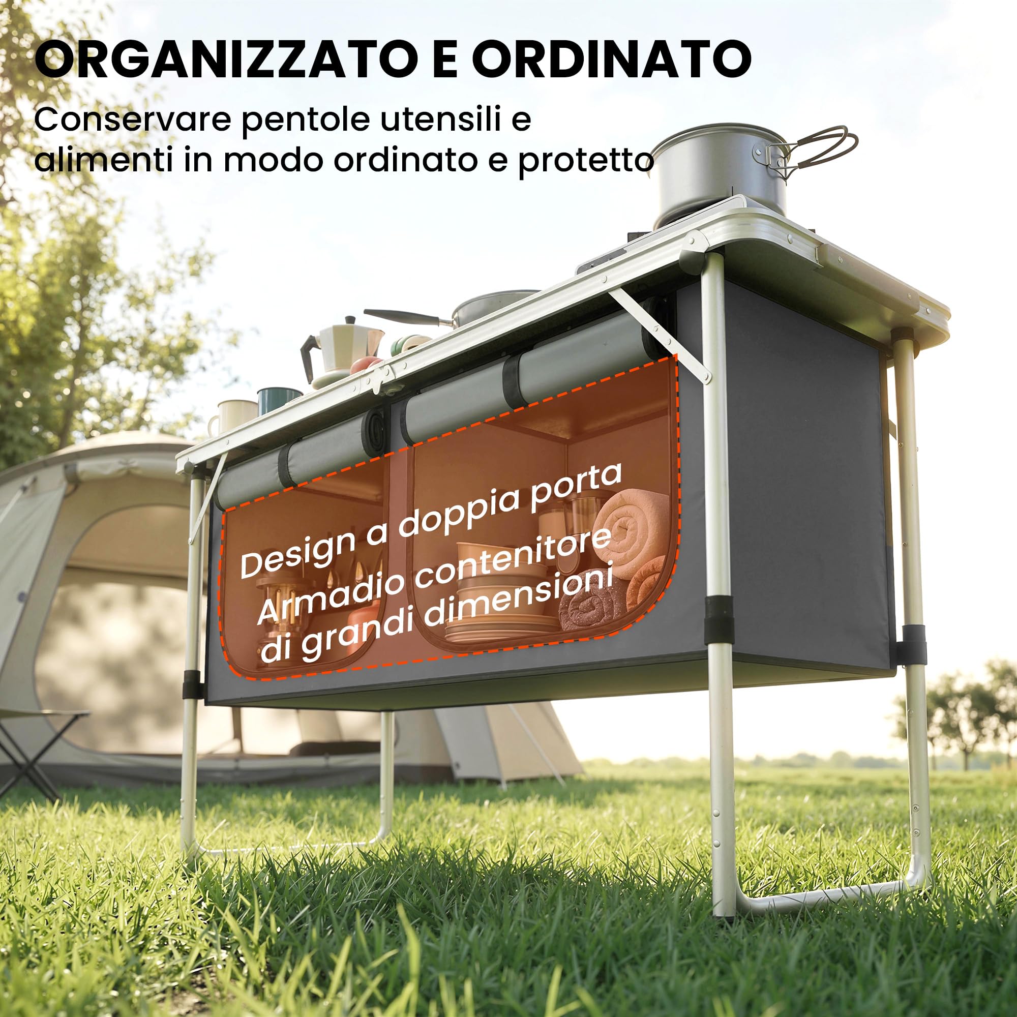 Outsunny Cucina da Campeggio Pieghevole, Mobile Cucina da Campeggio in Alluminio, MDF e Tessuto Oxford, per Picnic, BBQ e attività all'Aperto, 120x47x70 cm, Argento