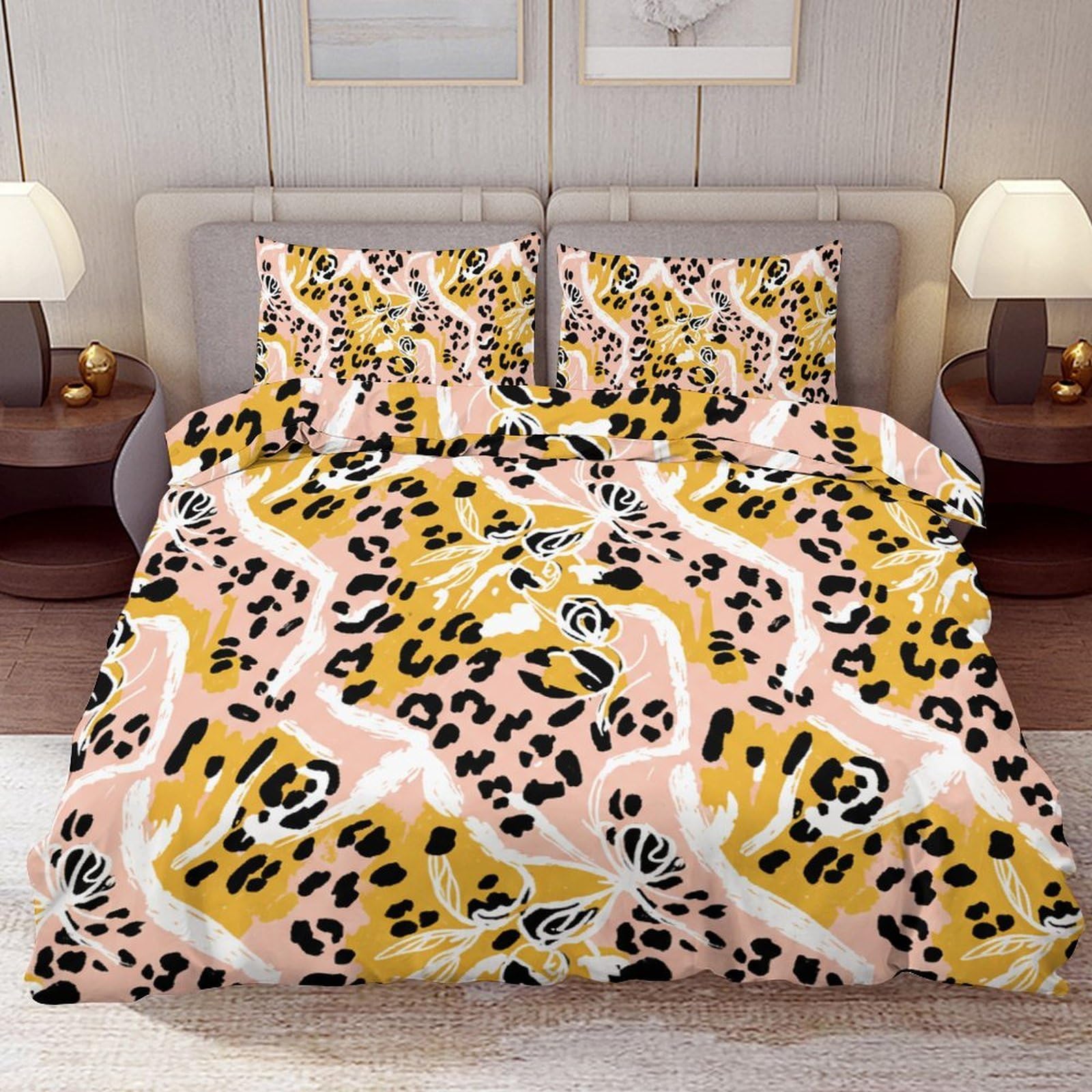 Delerain Comforter Cover Set Queen Size, Leopard Print Spot Flower 3-Piece Bedding Set for Women Men Modern Soft Microfiber Bedroom Set Room Decor, 1 Duvet Cover + 2 Pillowcases