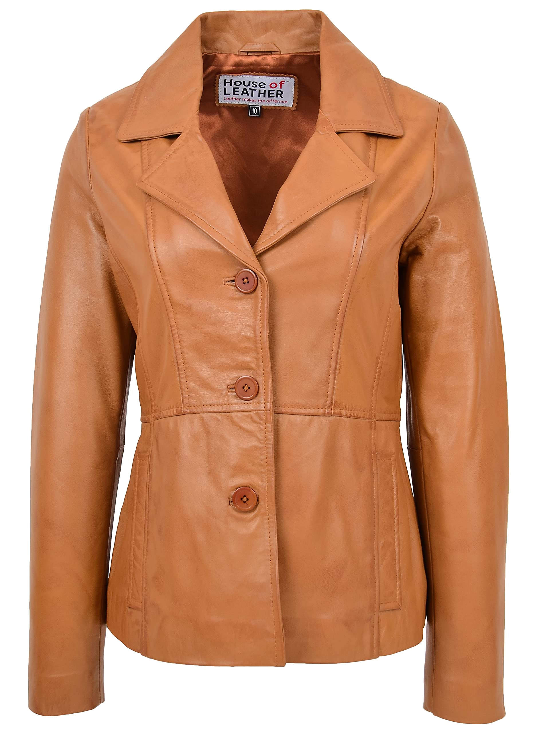 House Of Leather Women's Tan Real Leather Blazer Classic Button Fastening Jacket Ruth (20, )