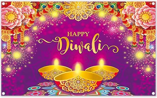 YCUCUEI Telón de fondo de tela púrpura de 96 x 72 pulgadas Happy Diwali Festival de Luces India Festival de Luces Fondo de fotografía Floral Pluma