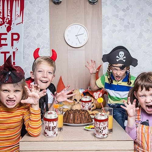 Miniatura 7 de Whaline 6 fundas para latas de Halloween, fundas para enfriar latas de terror de 12 onzas, de neopreno, aisladas, de cerveza, termoenfriadores
