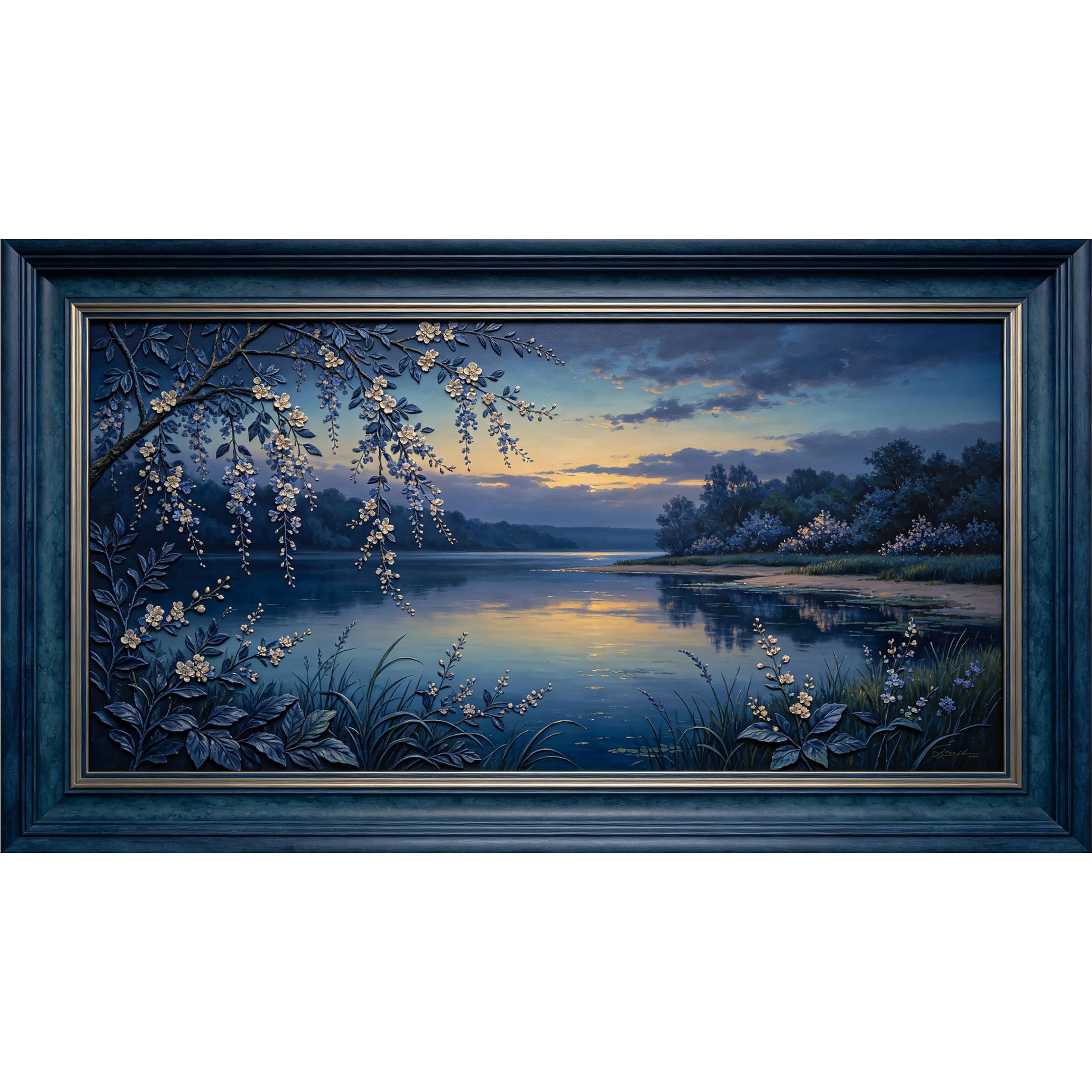 QZLITHOTIC 50x90cm3D Framed Wall Art， Lake Sunset Botanical Landscape SelfAdhesive Mural， WaterActivated Peel & Stick Fabric Decor Wall Decal for Bedroom Living Room