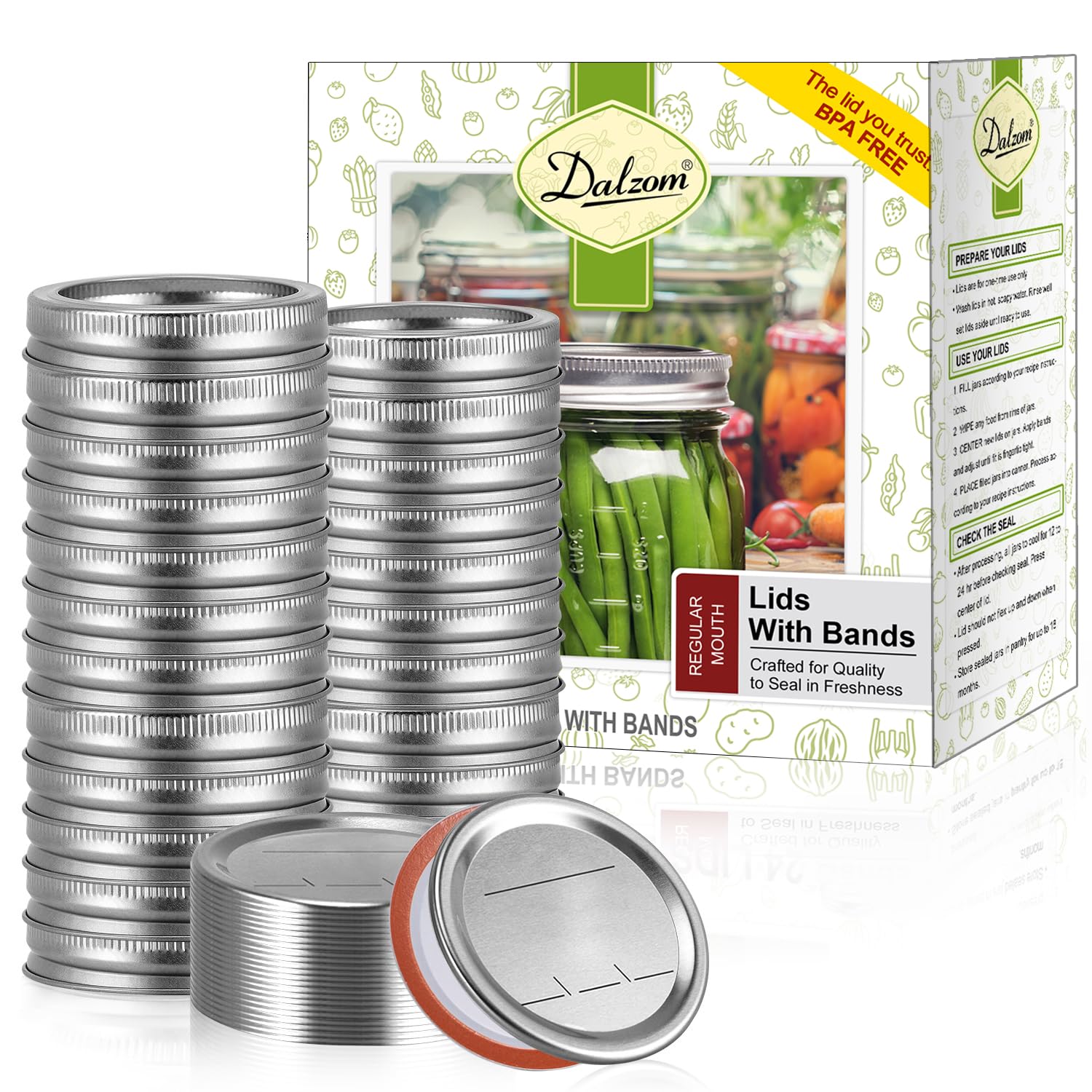 Dalzom® 144Pcs Canning Lids with Rings Regular Mouth, Premium Mason Jar Lids with Rings for Ball, Kerr Jars - Food Grade Material, 100% Fit & Airtight for Regular Mouth Mason Jars