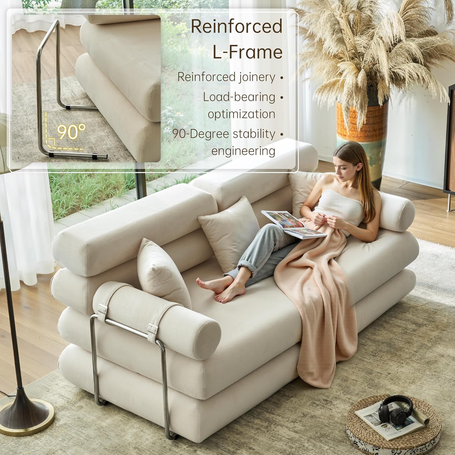 YINIX 78" Convertible Sleeper Sofa Bed - High-Back Floor Couch - Folding Sofa Bed with Rounded Arm Supports - Foldable Sofa Lounge Couches for Living Room Bedroom - Ivory
