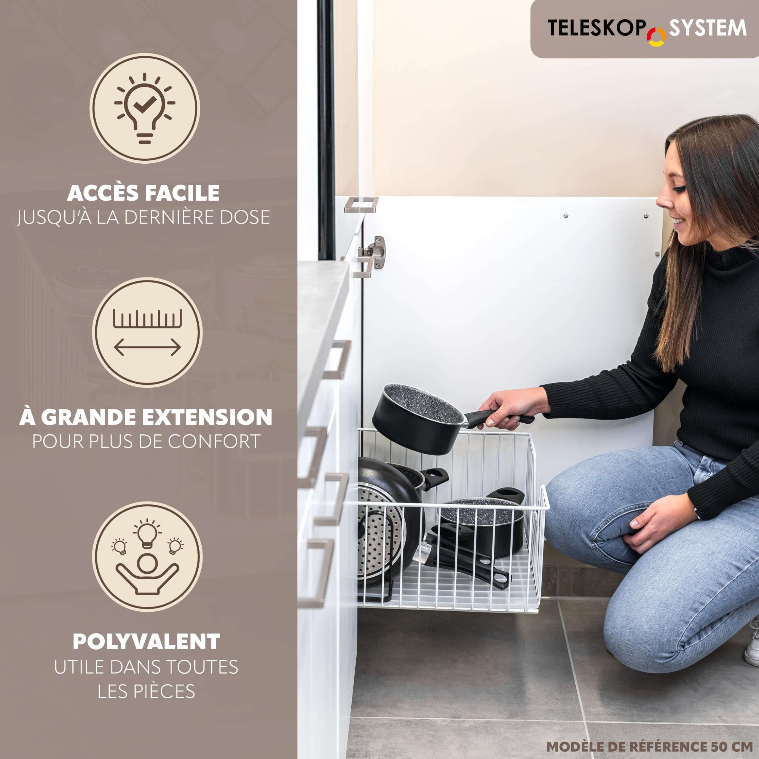 bremermann Lot de 2 paniers d'armoire de 30 cm de large avec étagère, tiroir de cuisine à extension complète avec rails télescopiques, idéal pour cuisine, salle de bain et chambre à coucher, en métal