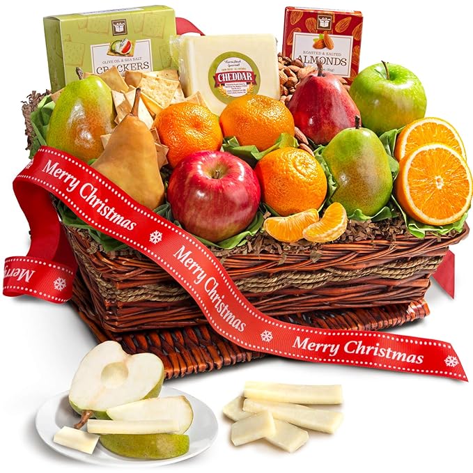 Merry Christmas Classic Fresh Fruit Basket with Crackers