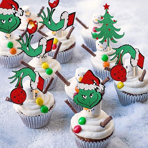 Miniatura 6 de 24 piezas de adornos para cupcakes con purpurina de Grin-ch Merry Christmas para árbol de Navidad, color rojo, verde, para beber, Grinch,