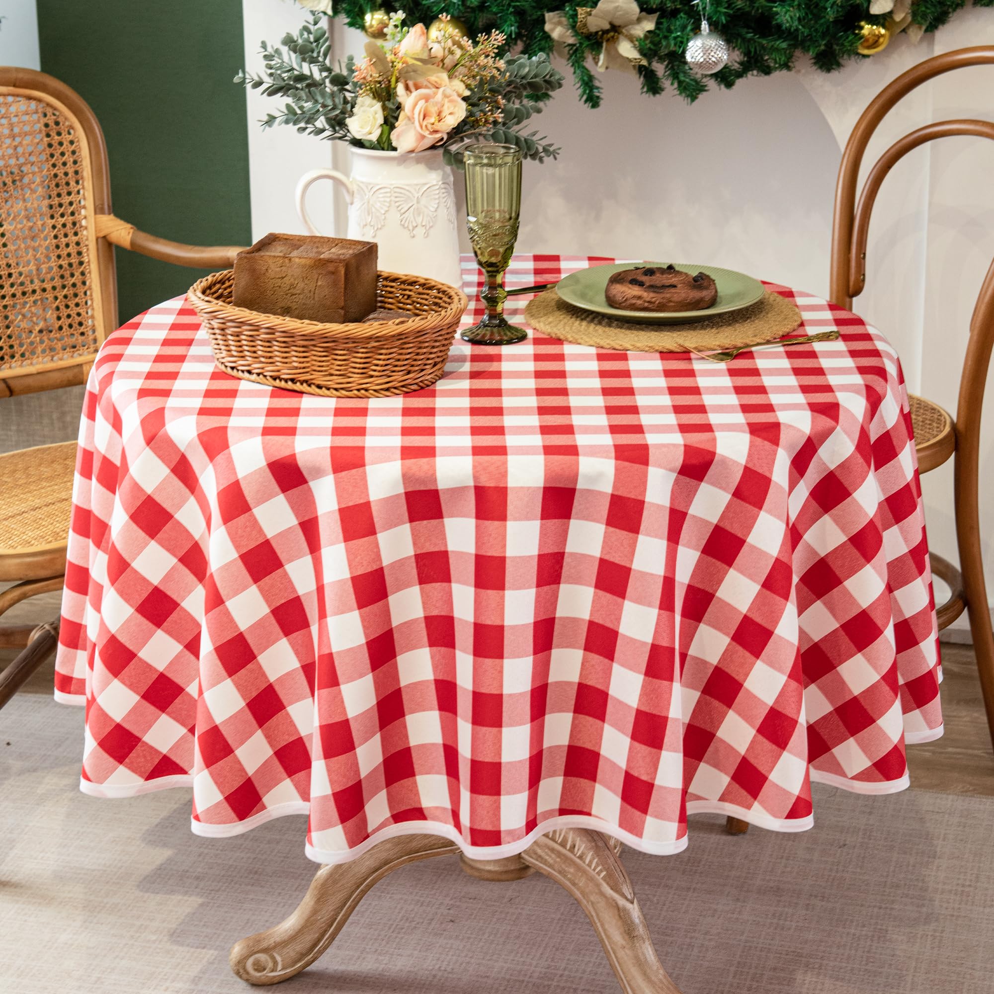 Photo 1 of LOSIVISHE Red and White Gingham Tablecloth, 60" Round