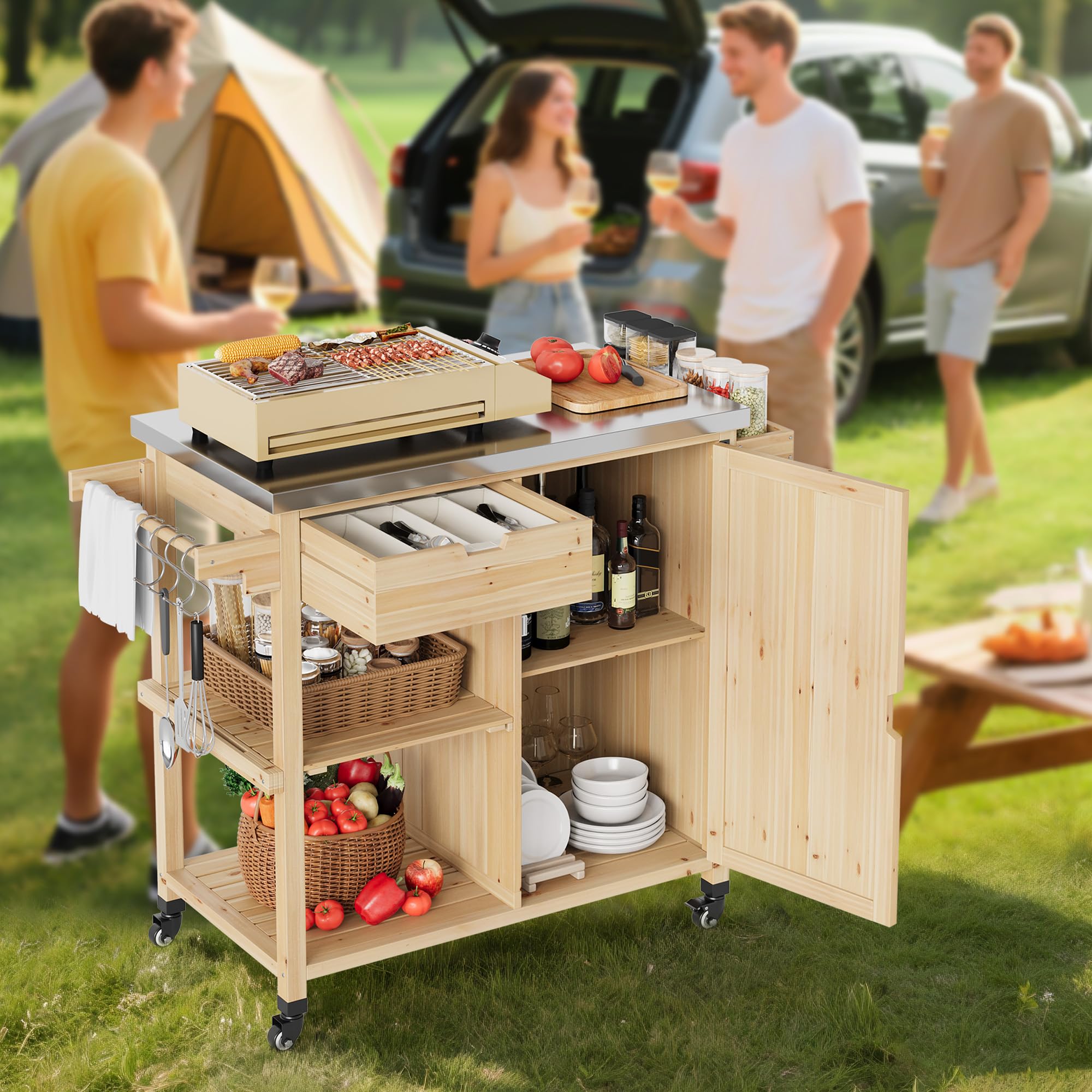 Garvee Chariot de Barbecue supplémentaireérieur Professionnel – Plan de Travail INOX, Armoire de Rangement, tiroir, étagères Ouvertes, Porte-épices, roulettes – Îlot Mobile et Table d’appoint pour